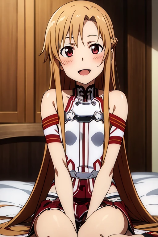 ((Best Quality)), ((masterpiece)), (be familiar with),  perfect face, indoor, bedroom,  watching viewers ,
One woman, Yuuki Asuna,
 open mouth , Ecstatic expression, blush, smile,
Small breasts,  flat chest, , ,  kids, Girl,
Long Hair,  long hair,
Leg spread,