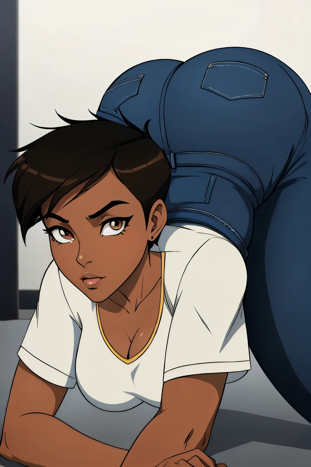 ((ultra quality)), ((masterpiece)), Lois Lane, ((black short hair tomboy hairstyle)), (Beautiful face), (beautiful female lips), (), charming, ((sexy facial expression)), looks at the camera, eyes slightly open, (Dark skin color), (dark skin), glare on the body, ((detailed beautiful female eyes)), ((dark brown eyes)), (juicy female lips), (dark eyeliner), (beautiful female hands), ((ideal female figure)), ideal female body, beautiful waist, gorgeous thighs, beautiful medium breasts, ((subtle and beautiful)), sexy worth (), (White shirt, Black jeans) background: office, ((depth of field)), ((high quality clear image)), (clear details), ((high detail)), realistically, professional photo session, ((Clear Focus)), anime, (flexible), jack-o' challenge, hands on ground, spread legs, facing the audience, ass up, (masterpiece,best quality:1.5
