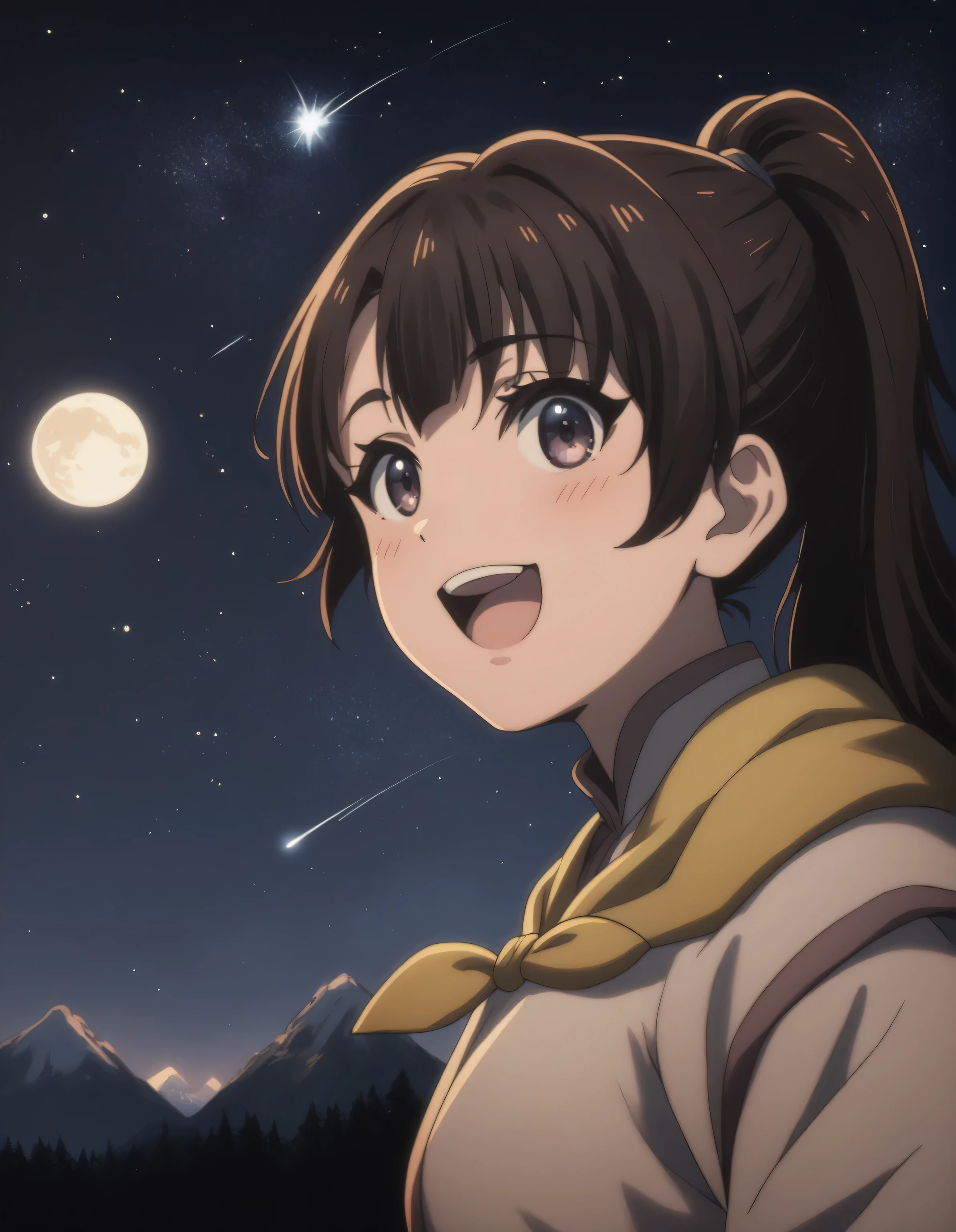 score_9,  score_8_up, score_7_up, gsfghtr, multicolored robe, neckerchief,
cinematic Lighting, 1girl,solo,looking at viewer,blush,smile, open mouth,mountain view at night, moon, shooting stars