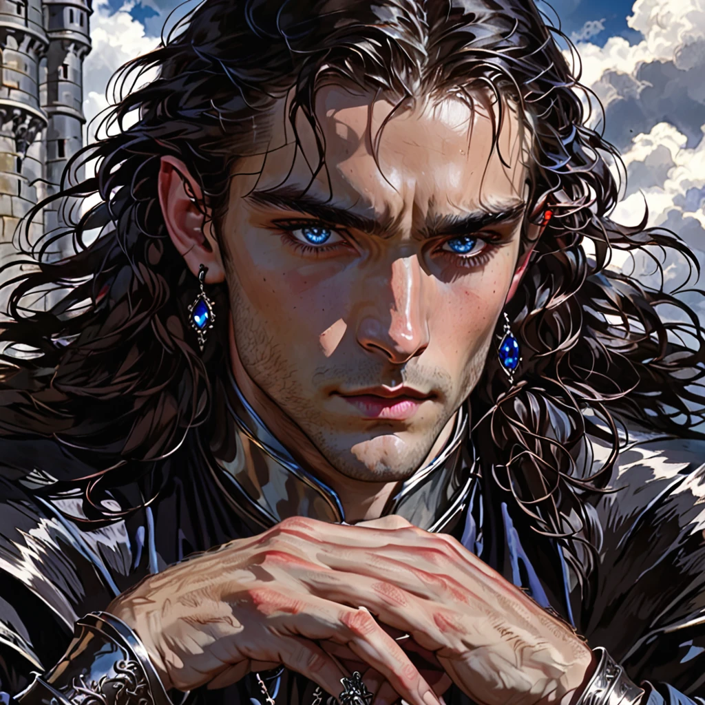 Rowan stands tall at 6'3", with a lean but powerful build that speaks of a life spent both in royal courts and on the battlefield. Dark, wavy hair falls just past Rowan’s shoulders, almost always tied back with a simple leather band to keep it out of those sharp, piercing blue eyes—a shade as cold and intense as a storm over the ocean. Rowan’s skin is fair but weathered, a testament to nights spent beneath open skies and hard-fought battles. A well-defined jawline, high cheekbones, and a small scar running from the left brow to just under the eye give Rowan an air of rugged nobility. A ring on Rowan's left hand—a wolf’s head in blackened silver—carries significant weight, a reminder of royal heritage and unbreakable family ties. Rowan’s presence is undeniable, filling the room with an almost tangible tension. Rowan resides in a dark stone castle, a fortress marked by years of storms. pose: sitting