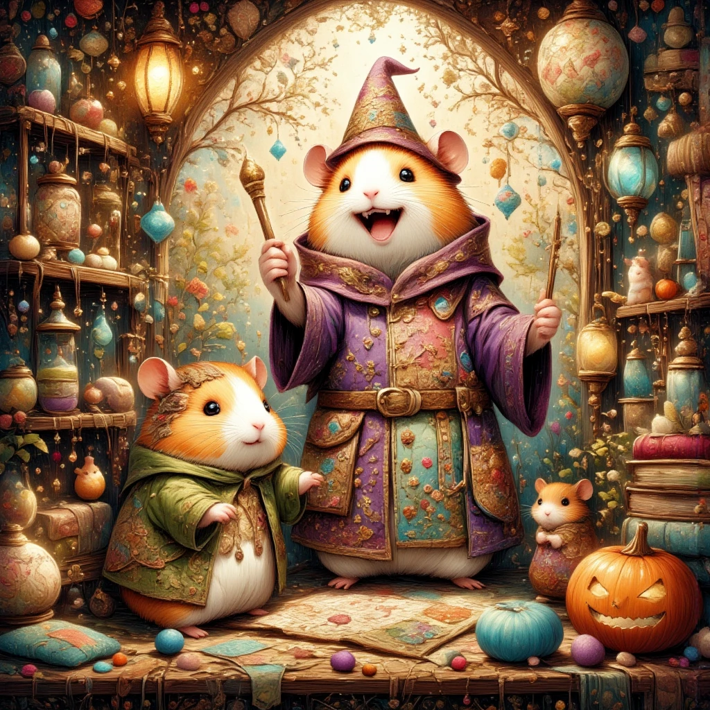 (In a cozy, enchanted room glowing with the warm light of magical lanterns, two adorable hamsters enjoy a whimsical Halloween night. The wizard hamster, dressed in a purple robe adorned with starry embroidery, wears a tilted, pointy hat that gives him a charming look. In his small paws, he holds a golden-tipped wand, and his round cheeks lift into a joyful smile as he waves the wand, casting shimmering spells. His bright eyes shine with excitement, and his whiskers quiver as he focuses on enchanting his friend.)

(Beside him, the second hamster wears an adorable Frankenstein-inspired costume with green sleeves, stitched patches, and tiny bolts on his chubby cheeks. With a puffed-up grin, he gazes at the wizard hamster, his eyes filled with delight and curiosity as the magic swirls around them. His costume is slightly oversized, adding a lovable, clumsy charm.)

(The room around them is filled with magical details: a tall shelf lined with potion bottles glows in shades of emerald, lavender, and amber, their liquids sparkling mysteriously. Ancient scrolls and dusty spellbooks are stacked nearby, and floating books hover with pages that turn on their own. In one corner, a jack-o'-lantern carved with a black cat face emits a soft blue glow, while a black cat-shaped lantern sways gently, almost as if alive. Tiny, sparkling stars and light particles float through the air, filling the space with a warm, magical ambiance. The entire room brims with the thrill of Halloween and the charm of a magical adventure between two delightful friends.)