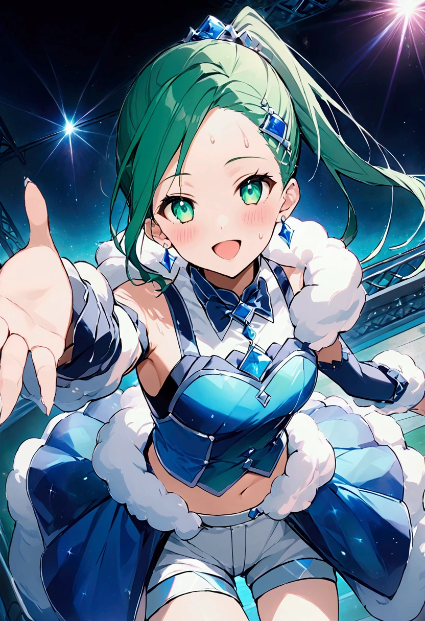 High image quality 、masterpiece、   high quality、Full HD、4K、  Reach Out 、View from above 、 emerald green hair 、asymmetrical ponytail 、 emerald green eyes  、 Open your mouth 、smile、Sweat on the forehead、blue idol uniform 、 Detached Sleeve 、White shorts 、 fluffy arm garter 、Blue Skirt 、slender、Outdoor Concert、laser effect