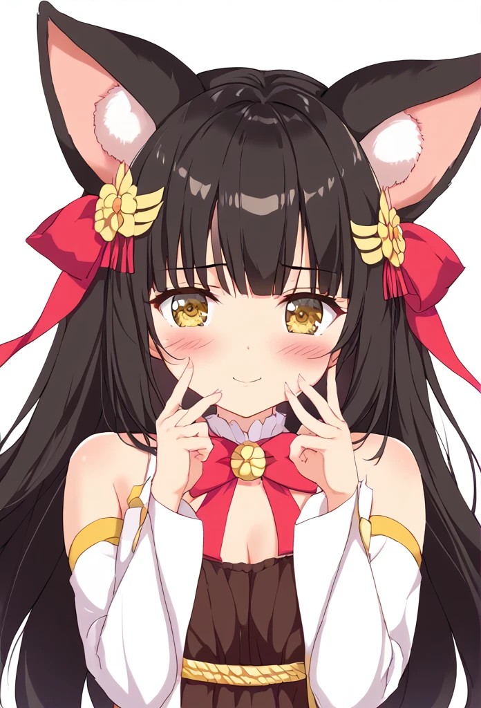 Nagato、Black Hair、 、Big animal ears、Beautiful line drawing、blush、Puff out your cheeks、Big ribbon、White background、masterpiece、 High image quality 、 masterpiece胸,  masterpieces by hand

