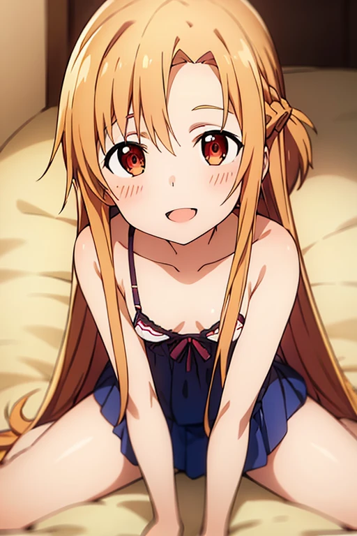 ((Best Quality)), ((masterpiece)), (be familiar with),  perfect face, indoor, bedroom,  watching viewers ,
One woman, Yuuki Asuna,
 open mouth , Ecstatic expression, blush, smile,
Small breasts,  flat chest, , ,  kids, Girl,
Long Hair,  long hair,
Leg spread,