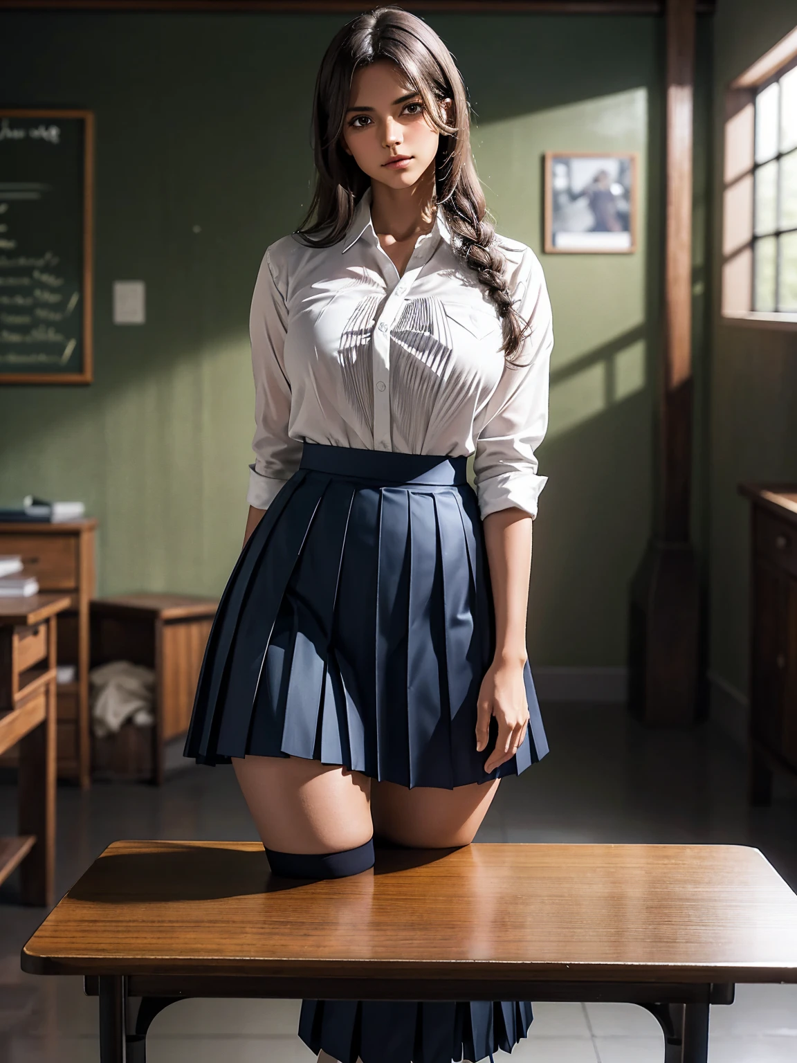 Jill Valentine, (brown skin:1.4), (white shirt, pleated navy skirt:1.3), thick thighs, silver hair, fluttering hair, long wavy hair, eyeshadow, long eyelashes, gentle smile, shadowy dark abandoned classroom, moss, fern, upper body from below, arms behind head, spread legs