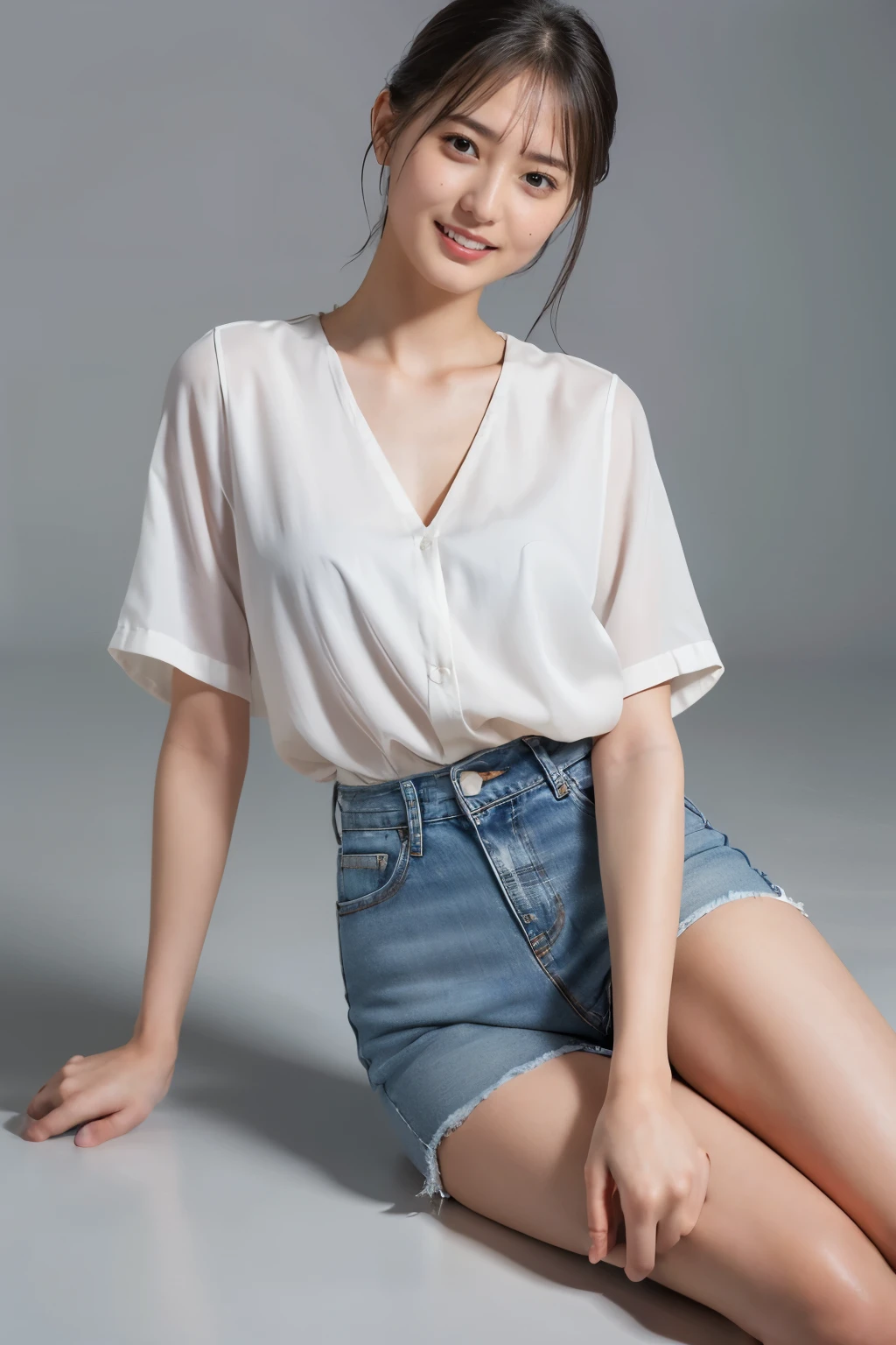 Highest quality,masterpiece,Ultra-high resolution,(Actual:1.4),Original photo,Ultra-high resolution,8K,There are also women,She is sitting on the floor. Fair skin、She is wearing a short-sleeved white blouse and jeans.,She is smiling,
Long legs:1.5,Bright and beautiful,high waist,,Gray background,