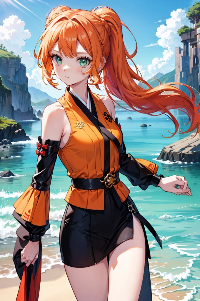  Orange hair  ，   green eyes   ，，Long hair ，  Twin ponytails，pretty Woman，  red Hanfu armor，Seaside background，Medium breasts