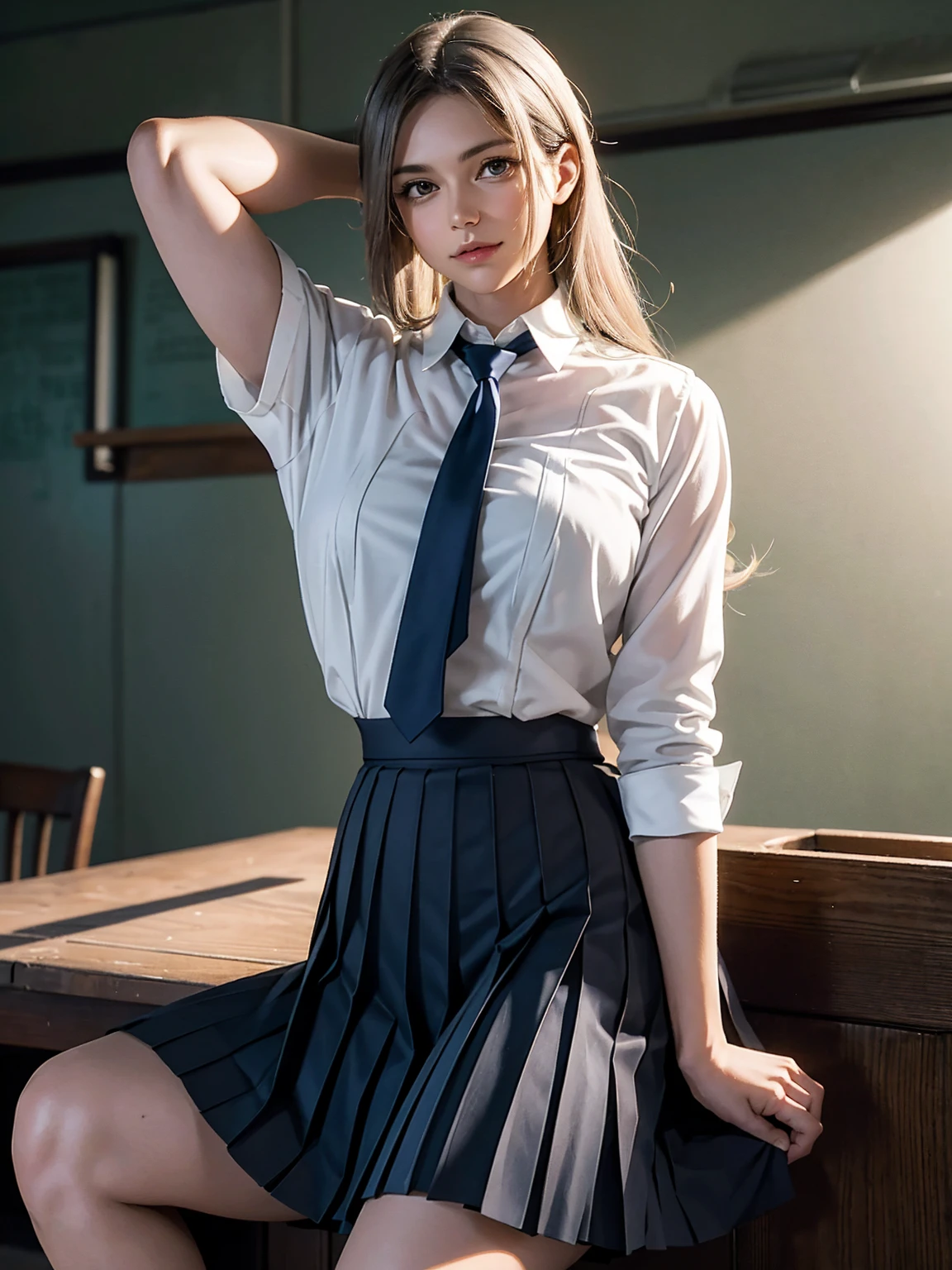 Jill Valentine, (brown skin:1.4), (white shirt, pleated navy skirt:1.3), thick thighs, silver hair, fluttering hair, long wavy hair, eyeshadow, long eyelashes, gentle smile, shadowy dark abandoned classroom, moss, fern, upper body from below, arms behind head, spread legs