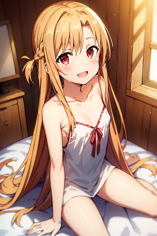 ((Best Quality)), ((masterpiece)), (be familiar with),  perfect face, indoor, bedroom,  watching viewers ,
One woman, Yuuki Asuna,
 open mouth , Ecstatic expression, blush, smile,
Small breasts,  flat chest, , ,  kids, Girl,
Long Hair,  long hair,
Leg spread,