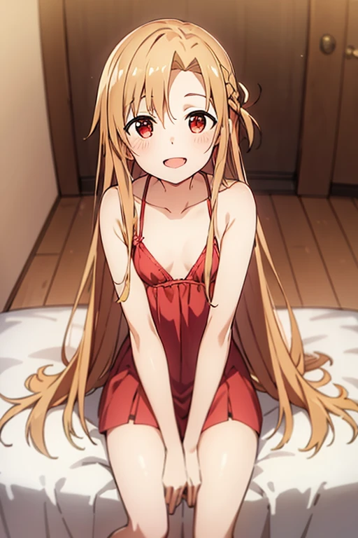 ((Best Quality)), ((masterpiece)), (be familiar with),  perfect face, indoor, bedroom,  watching viewers ,
One woman, Yuuki Asuna,
 open mouth , Ecstatic expression, blush, smile,
Small breasts,  flat chest, , ,  kids, Girl,
Long Hair,  long hair,
Leg spread,