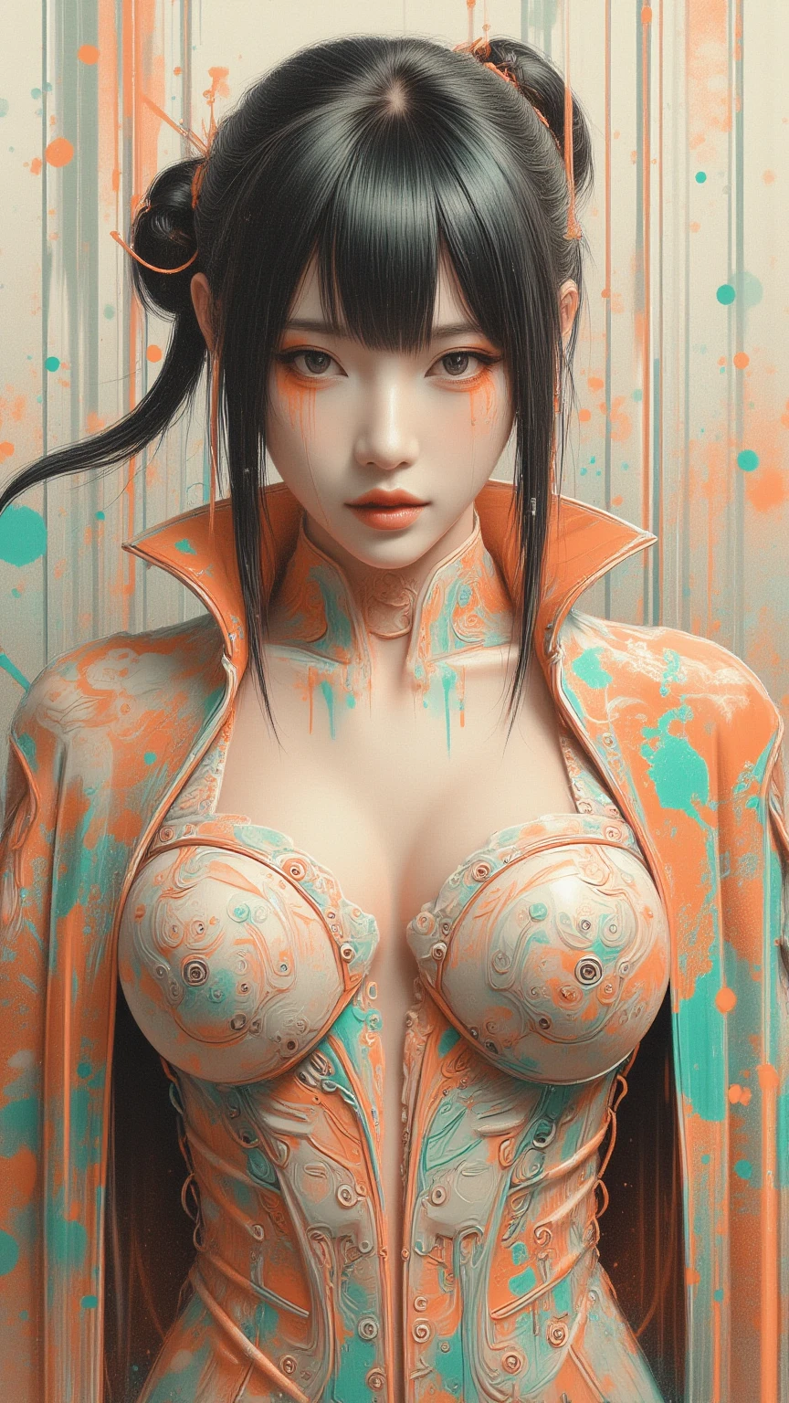 expressionist artwork images, asian high school girl, big expressive eyes, plunging neckline, huge breasts, cleavage, pastel color palette, 