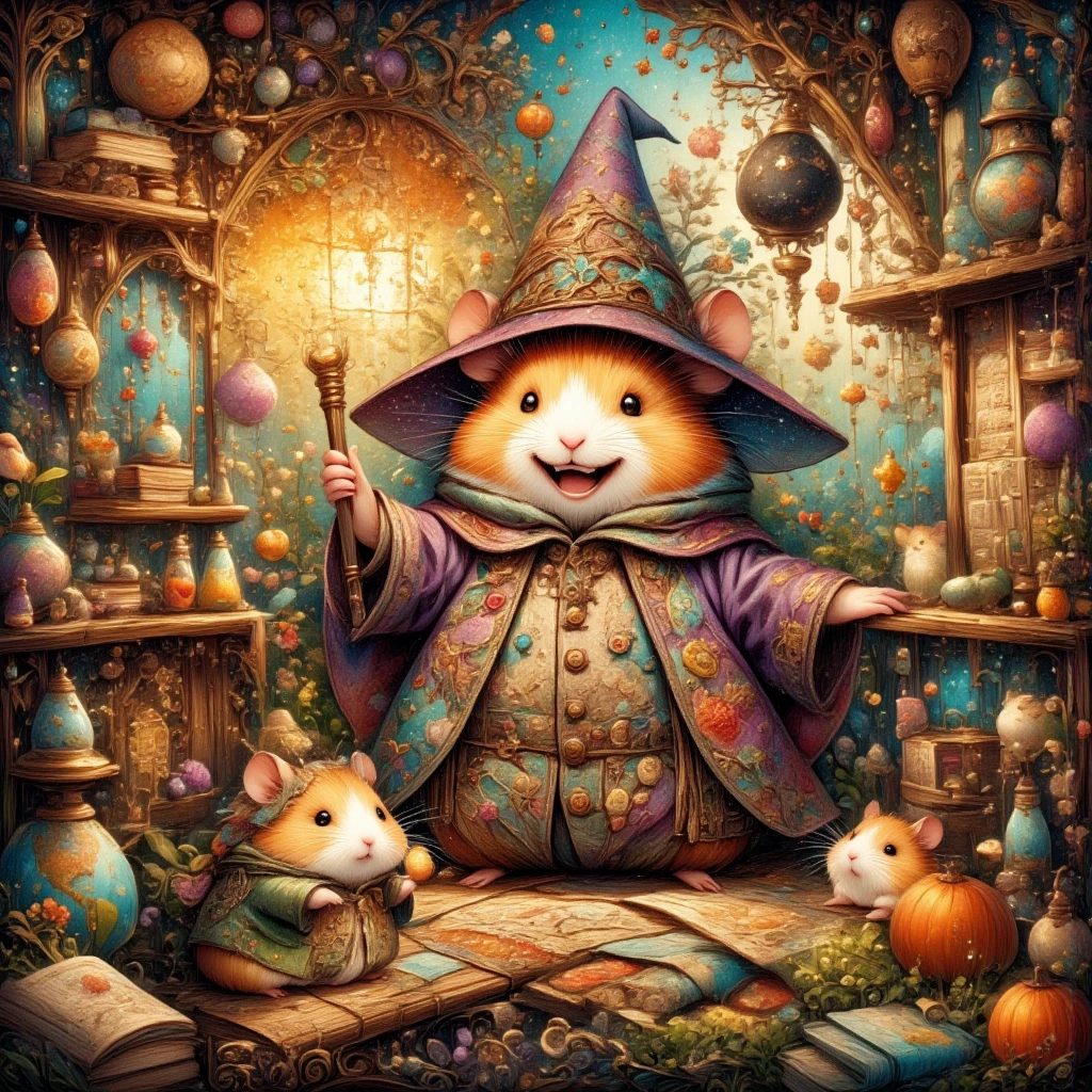 (In a cozy, enchanted room glowing with the warm light of magical lanterns, two adorable hamsters enjoy a whimsical Halloween night. The wizard hamster, dressed in a purple robe adorned with starry embroidery, wears a tilted, pointy hat that gives him a charming look. In his small paws, he holds a golden-tipped wand, and his round cheeks lift into a joyful smile as he waves the wand, casting shimmering spells. His bright eyes shine with excitement, and his whiskers quiver as he focuses on enchanting his friend.)

(Beside him, the second hamster wears an adorable Frankenstein-inspired costume with green sleeves, stitched patches, and tiny bolts on his chubby cheeks. With a puffed-up grin, he gazes at the wizard hamster, his eyes filled with delight and curiosity as the magic swirls around them. His costume is slightly oversized, adding a lovable, clumsy charm.)

(The room around them is filled with magical details: a tall shelf lined with potion bottles glows in shades of emerald, lavender, and amber, their liquids sparkling mysteriously. Ancient scrolls and dusty spellbooks are stacked nearby, and floating books hover with pages that turn on their own. In one corner, a jack-o'-lantern carved with a black cat face emits a soft blue glow, while a black cat-shaped lantern sways gently, almost as if alive. Tiny, sparkling stars and light particles float through the air, filling the space with a warm, magical ambiance. The entire room brims with the thrill of Halloween and the charm of a magical adventure between two delightful friends.)