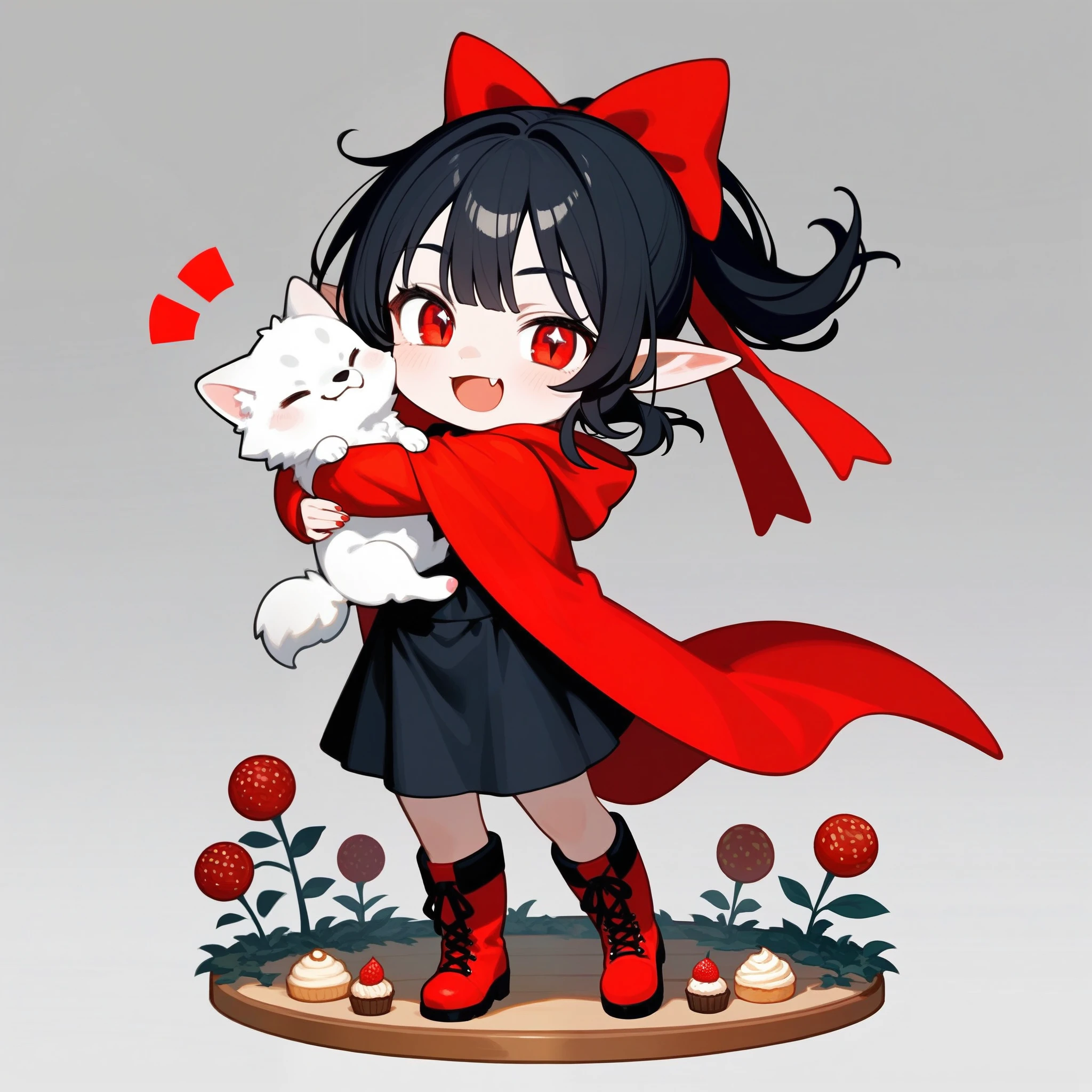 (masterpiece, best quality:1.2), super detailed, 2D artwork, chibi, kawaii, cute, 1girl and a white wolf, (vampire fang), smirk, black hair, short ponytail with red ribbons, red eyes, beautiful eyes, (snake pupils), pointy ears, black sundress with red cloak, high leather boots, standing pose, (hugging white wolf:1.2), simple background, bakery background, indoor, at night, HD, 4K, negativeXL_D