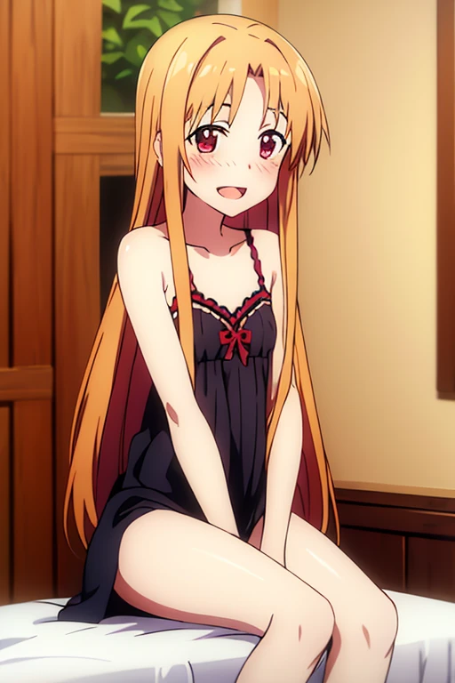 ((Best Quality)), ((masterpiece)), (be familiar with),  perfect face, indoor, bedroom,  watching viewers ,
One woman, Yuuki Asuna,
 open mouth , Ecstatic expression, blush, smile,
Small breasts,  flat chest, , ,  kids, Girl,
Long Hair,  long hair,
Leg spread,