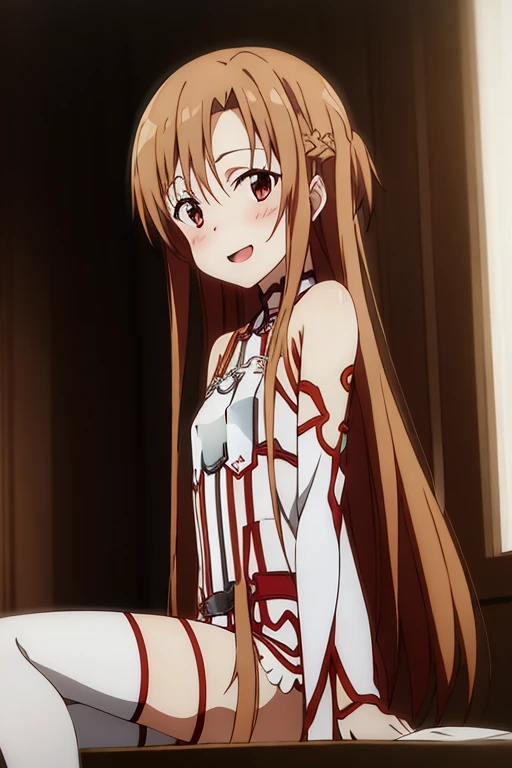 ((Best Quality)), ((masterpiece)), (be familiar with),  perfect face, indoor, bedroom,  watching viewers ,
One woman, Yuuki Asuna,
 open mouth , Ecstatic expression, blush, smile,
Small breasts,  flat chest, , ,  kids, Girl,
Long Hair,  long hair,
Leg spread,