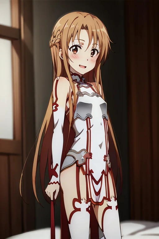 ((Best Quality)), ((masterpiece)), (be familiar with),  perfect face, indoor, bedroom,  watching viewers ,
One woman, Yuuki Asuna,
 open mouth , Ecstatic expression, blush, smile,
Small breasts,  flat chest, , ,  kids, Girl,
Long Hair,  long hair,
Leg spread,