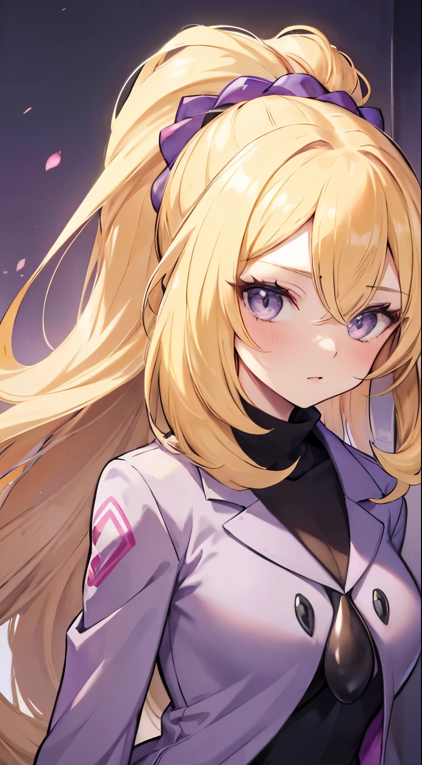  blonde， grey eyes ，Long hair，High Ponytail， covers the left eye ，Purple Trench Coat ，Orange clothes，Bamboo Orchid《 Pokémon》blush，  big breasts ，beauty，