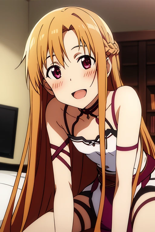 ((Best Quality)), ((masterpiece)), (be familiar with),  perfect face, indoor, bedroom,  watching viewers ,
One woman, Yuuki Asuna,
 open mouth , Ecstatic expression, blush, smile,
Small breasts,  flat chest, , ,  kids, Girl,
Long Hair,  long hair,
Leg spread,