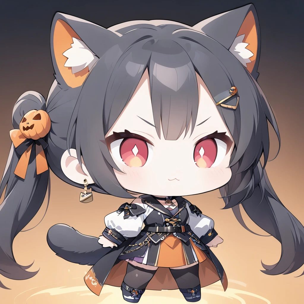 1girl,solo,smugness,((chibi-cute,anime style,anime character,deformation,masterpiece:1.2)),Cat ears and tail,Teenage Girl,Red eye(slit pupils),:3,Black Hair,parted bangs,Long Hair,Twin tails(Red Gradient),Earrings,Hair Clip,halloween costume,Choker,lighting front,Forest of Jack-O’-Lanterns,halloween
