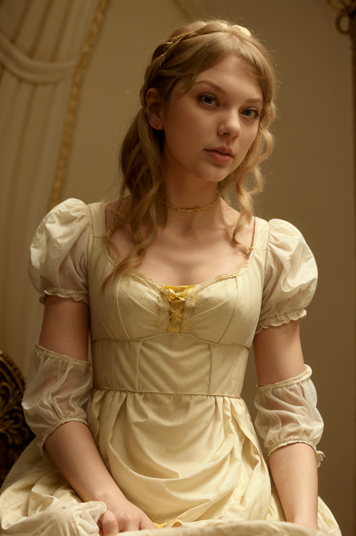  Taylor Swift as Rapunzel wearing a Regency style buttery yellow dress with a portrait neckline and billowing sleeves cuffed at the wrist. 