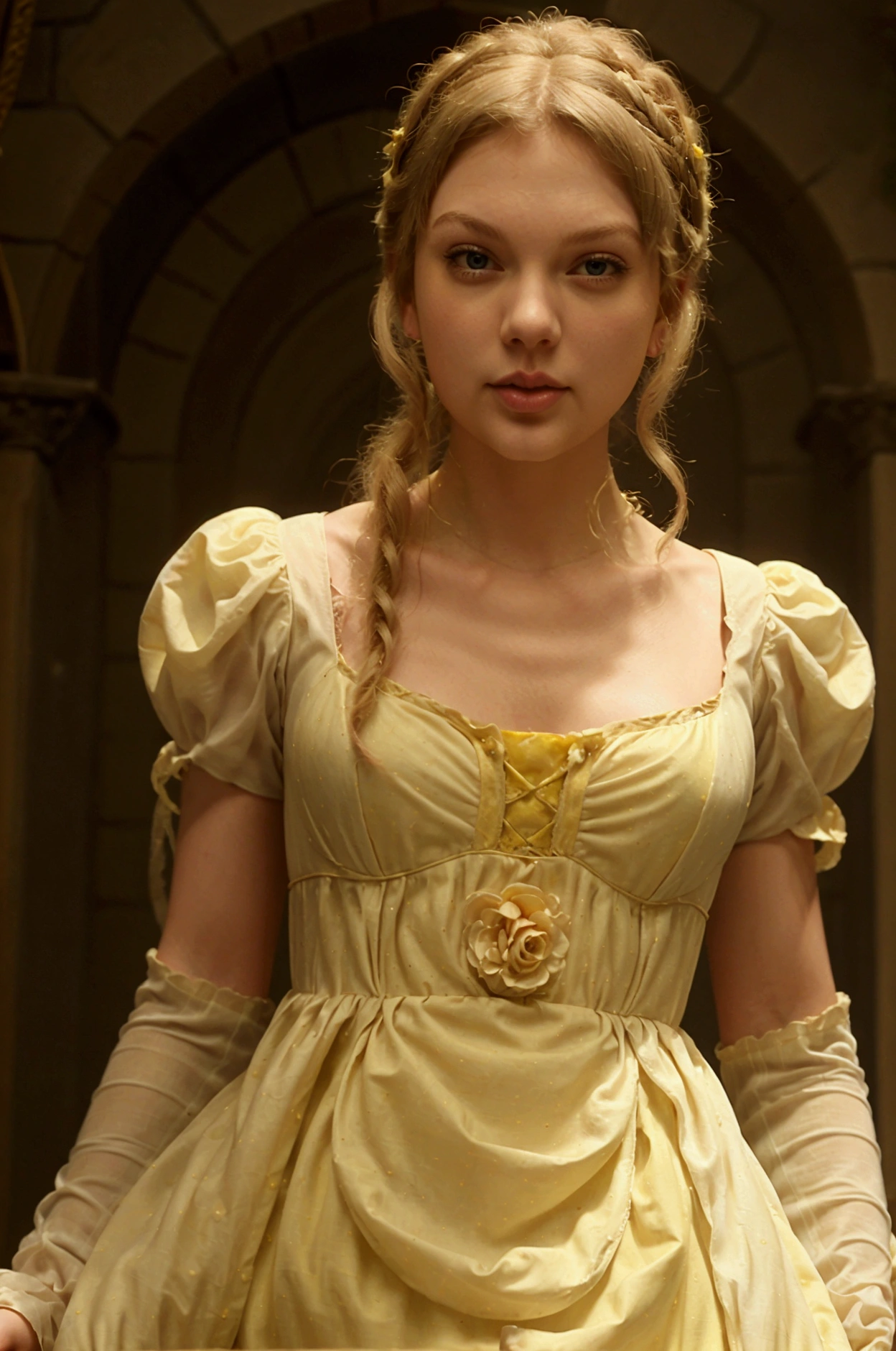  Taylor Swift as Rapunzel wearing a Regency style buttery yellow dress with a portrait neckline and billowing sleeves cuffed at the wrist. 