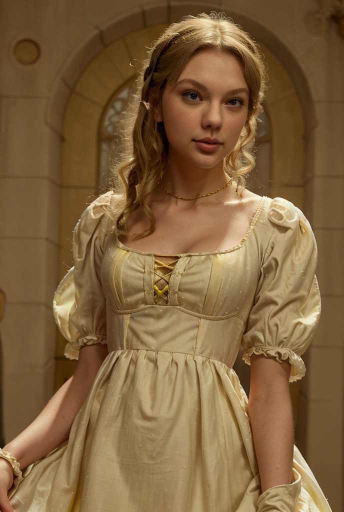  Taylor Swift as Rapunzel wearing a Regency style buttery yellow dress with a portrait neckline and billowing sleeves cuffed at the wrist. 