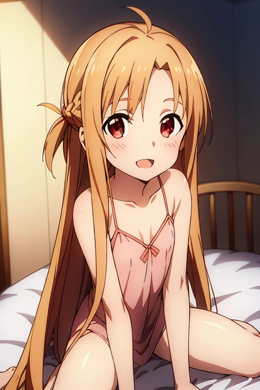 ((Best Quality)), ((masterpiece)), (be familiar with),  perfect face, indoor, bedroom,  watching viewers ,
One woman, Yuuki Asuna,
 open mouth , Ecstatic expression, blush, smile,
Small breasts,  flat chest, , ,  kids, Girl,
Long Hair,  long hair,
Leg spread,