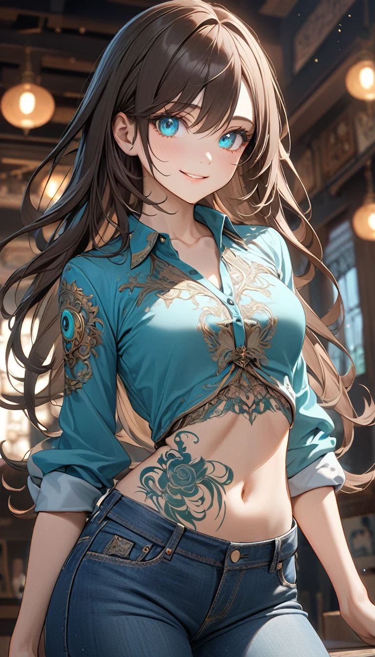 young girl, very long dark brown hair, light blue eyes, smile, open belly, jeans, turquoise silk shirt, slim build body, magic tattoo, Masterpiece, best quality, Full HD, 8k, ultra details, great graphic, anime style, 2D, detailed eyes, beautiful eyes, beautiful face, beautiful clothes, beautiful body