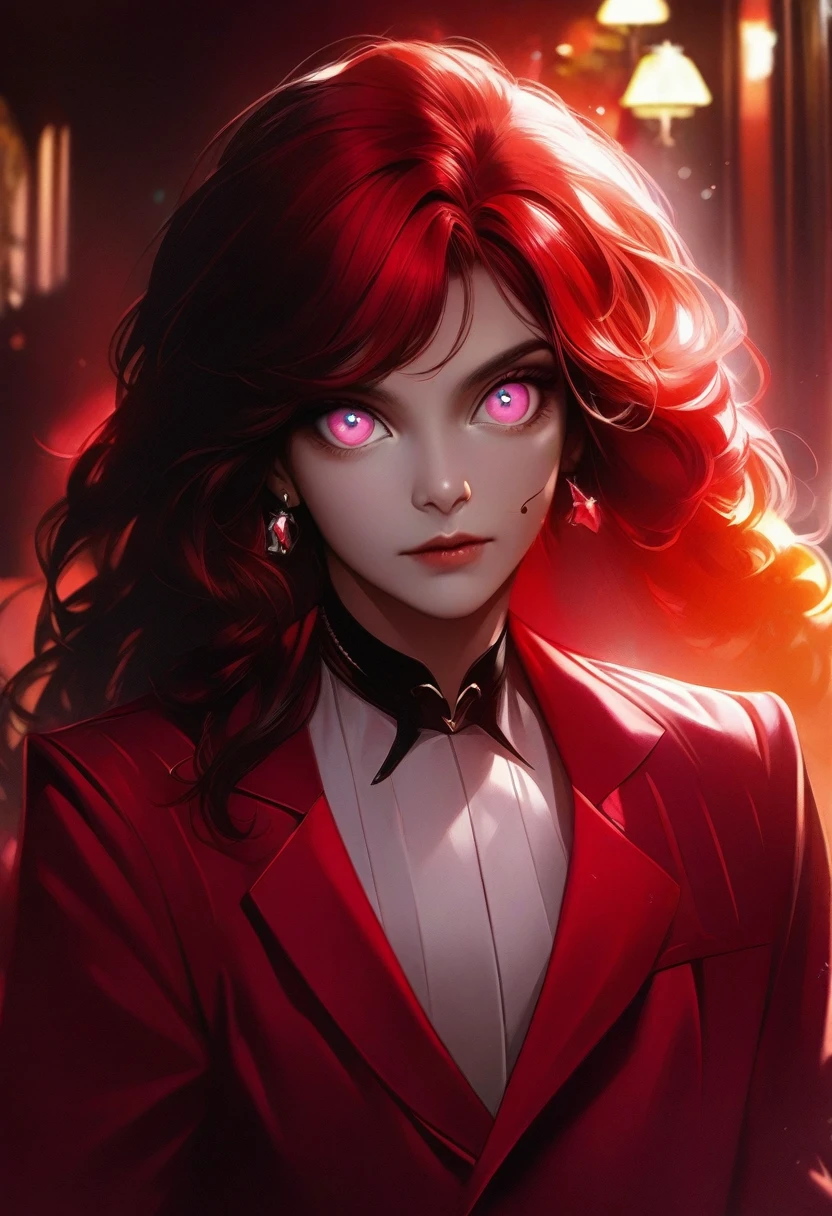 a demon boy with black eyes and red pupils, eye patch over left eye, white hair, red skin, wearing a suit with black dress pants, detailed facial features, hyper realistic, 8k, highres, photorealistic, masterpiece, dramatic lighting, cinematic composition, moody colors, dark fantasy, character portrait