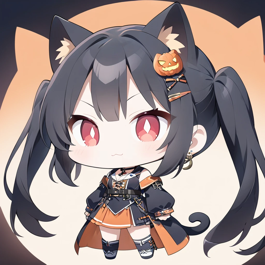 1girl,solo,smugness,((chibi-cute,anime style,anime character,deformation,masterpiece:1.2)),Cat ears and tail,Teenage Girl,Red eye(slit pupils),:3,Black Hair,parted bangs,Long Hair,Twin tails(Red Gradient),Earrings,Hair Clip,halloween costume,Choker,Forest of Jack-O’-Lanterns,halloween
