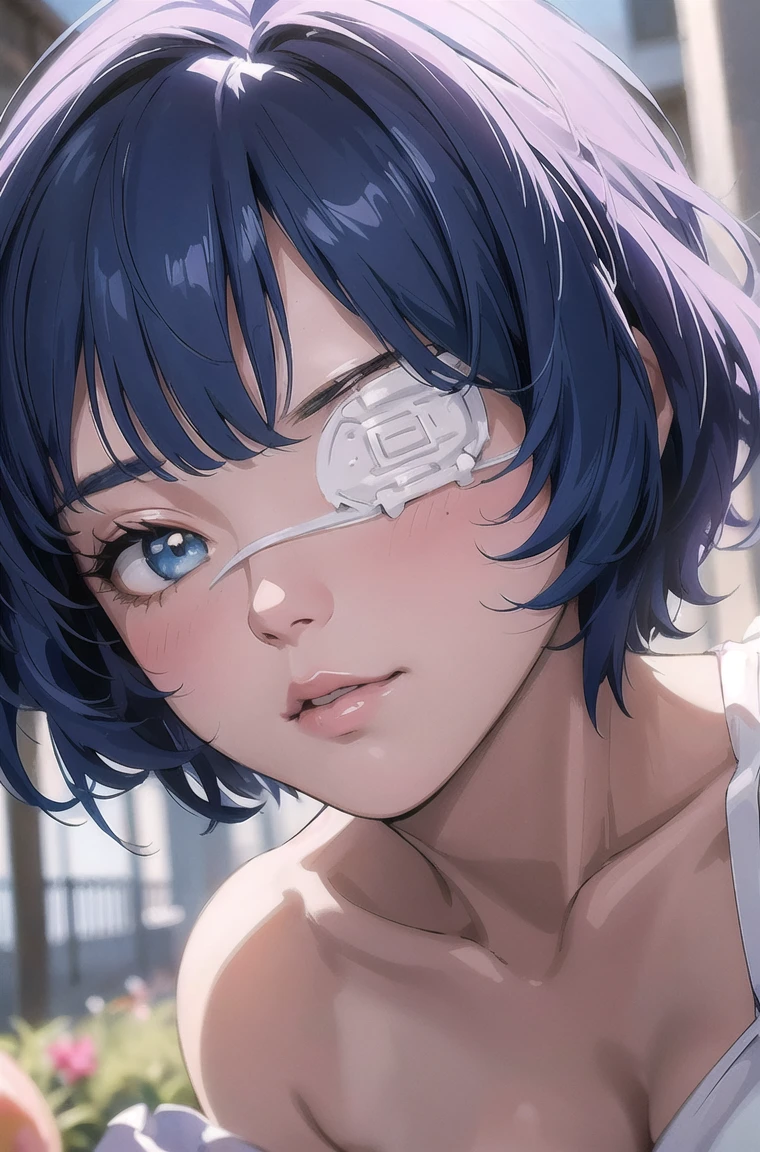 he-he-he®, (Remu Shimei, 1 girl, beautiful detailed eyes, beautiful detailed lips, extremely detailed eyes and face, long eyelashes, blue hair, short hair, (eyepatch: 1,2), blush), 1 girl,   Mature Woman, Beautiful Body, Beautiful nose,  Beautiful character design , beautiful eyes, perfect face, expressive eyes ,  looking at the viewer ,  official art ,чрезвычайно подробные обои CG Unity 16k,  perfect lighting,Colorful, bright_Front_face_Lighting fixtures,shiny skin, (masterpiece:1.0),(best_quality:1.0), сверх high definition ,4K, ultra detailed, photo, 16K, HDR,  high definition , absurdity:1.2,  blurred background, hips:1.2, lens glare, (bright_color:1.2), (Beautiful_face:1.5),(narrow_waist),  full height,  full length,  Exquisite visual effects ,  high definition , masterpiece, best quality,  big boobs,  pink polka dot summer dress  , flushed face, early morning,  girl sitting on a big peach, sitting on a huge peach , peaches ,   