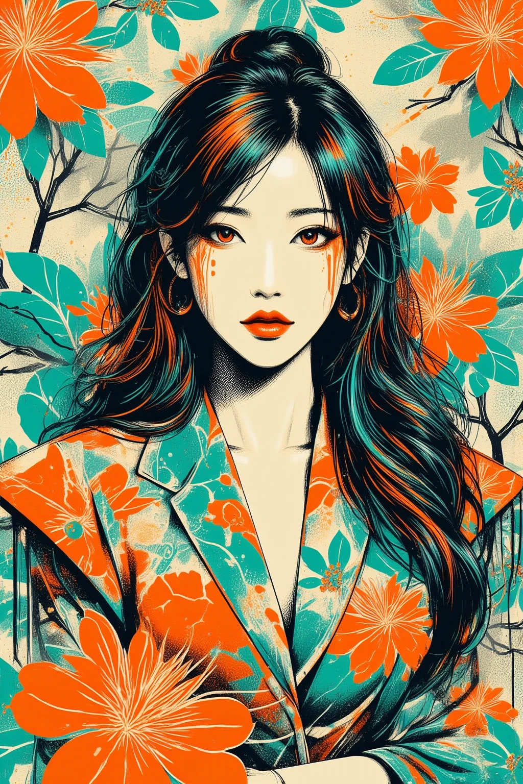 Create digital artwork in pop art, Featuring a bright and confident young asian girl，Street fashion, Movie Color Scheme, Surrounded by vintage floral motifs, Bright brush strokes,Emotions should be dynamic, upper-body, Drawing, illustartion, Grayscale, tropical, lots of flowers,