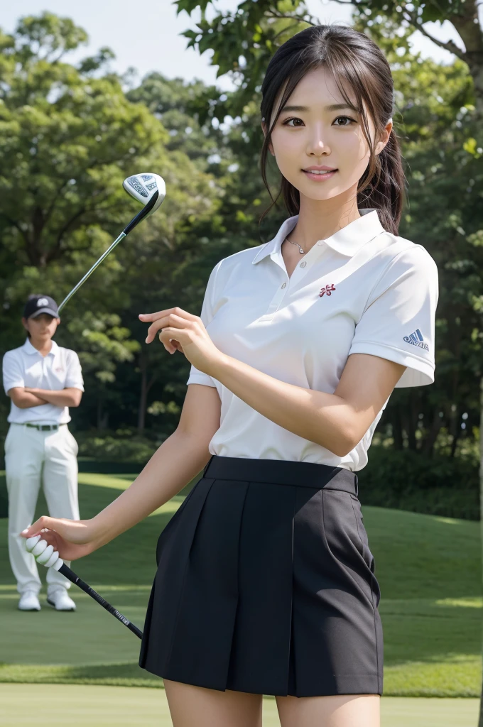 ８k、 high definition、 Ultra Details 、 Photorealistic、Realistic and accurate depiction、Realistic and accurate human anatomy、 Kampala、Best Quality、 beautiful Japanese women in golf wear, Detailed body,  live action 、Beautiful girl golfer、cute、clear、 the ultimate beautiful girl、Perfect Body Shape、Beautiful breasts、Petite、Perfect Skin、Charming、Active、Black Hair、 Japanese female professional golfer with a putter、cuteゴルフウェア、Random length hairstyles, light makeup、Waving to fans