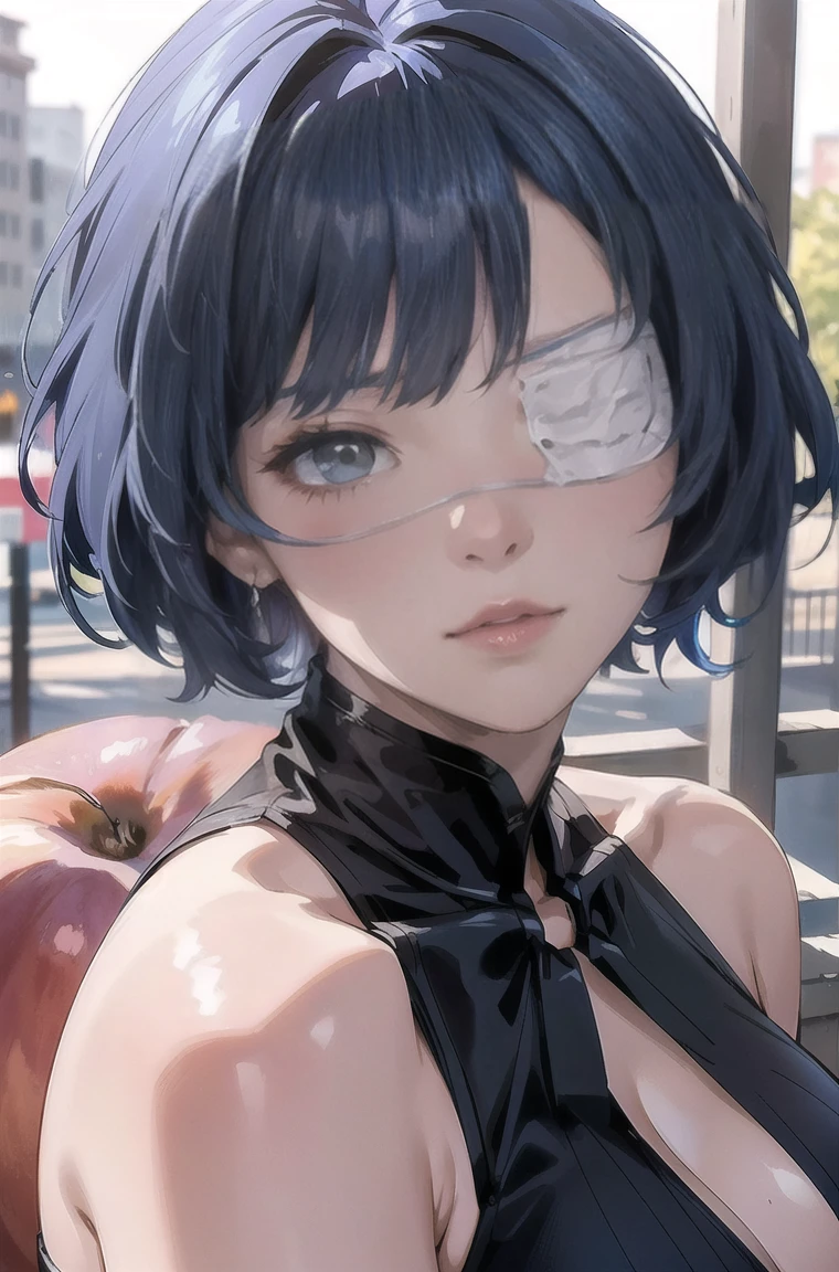 he-he-he®, (Remu Shimei, 1 girl, beautiful detailed eyes, beautiful detailed lips, extremely detailed eyes and face, long eyelashes, blue hair, short hair, (eyepatch: 1,2), blush), 1 girl,   Mature Woman, Beautiful Body, Beautiful nose,  Beautiful character design , beautiful eyes, perfect face, expressive eyes ,  looking at the viewer ,  official art ,чрезвычайно подробные обои CG Unity 16k,  perfect lighting,Colorful, bright_Front_face_Lighting fixtures,shiny skin, (masterpiece:1.0),(best_quality:1.0), сверх high definition ,4K, ultra detailed, photo, 16K, HDR,  high definition , absurdity:1.2,  blurred background, hips:1.2, lens glare, (bright_color:1.2), (Beautiful_face:1.5),(narrow_waist),  full height,  full length,  Exquisite visual effects ,  high definition , masterpiece, best quality,  big boobs,  pink polka dot summer dress  , flushed face, early morning,  girl sitting on a big peach, sitting on a huge peach , peaches ,   