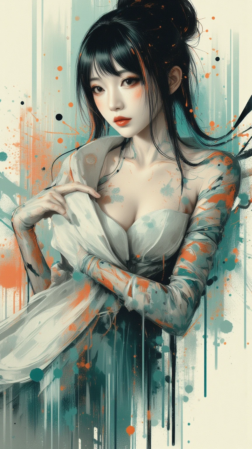 Expressionist artwork images, asian high school girl, plunging neckline, cleavage, pastel color palette, 