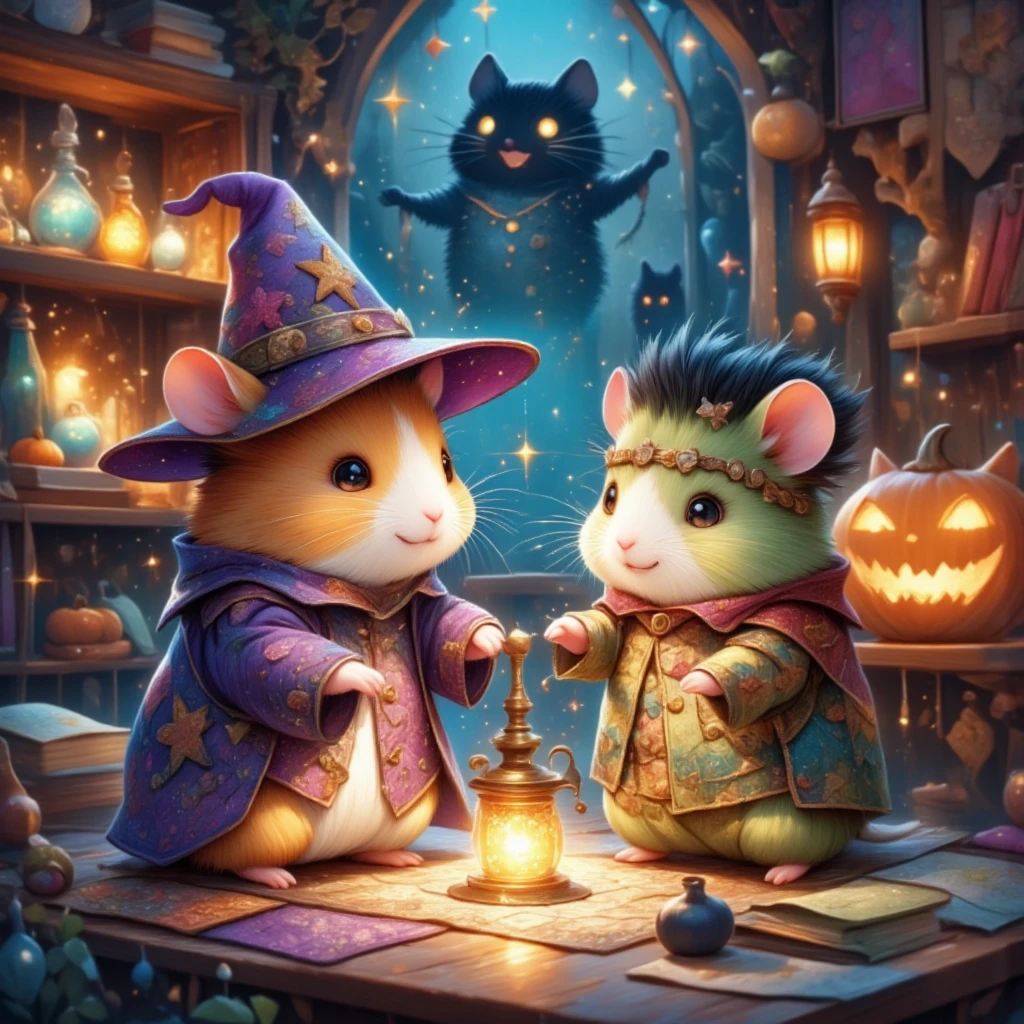 (In a cozy, enchanted room glowing with the warm light of magical lanterns, two adorable hamsters enjoy a whimsical Halloween night. The wizard hamster, dressed in a purple robe adorned with starry embroidery, wears a tilted, pointy hat that gives him a charming look. In his small paws, he holds a golden-tipped wand, and his round cheeks lift into a joyful smile as he waves the wand, casting shimmering spells. His bright eyes shine with excitement, and his whiskers quiver as he focuses on enchanting his friend.)

(Beside him, the second hamster wears an adorable Frankenstein-inspired costume with green sleeves, stitched patches, and tiny bolts on his chubby cheeks. With a puffed-up grin, he gazes at the wizard hamster, his eyes filled with delight and curiosity as the magic swirls around them. His costume is slightly oversized, adding a lovable, clumsy charm.)

(The room around them is filled with magical details: a tall shelf lined with potion bottles glows in shades of emerald, lavender, and amber, their liquids sparkling mysteriously. Ancient scrolls and dusty spellbooks are stacked nearby, and floating books hover with pages that turn on their own. In one corner, a jack-o'-lantern carved with a black cat face emits a soft blue glow, while a black cat-shaped lantern sways gently, almost as if alive. Tiny, sparkling stars and light particles float through the air, filling the space with a warm, magical ambiance. The entire room brims with the thrill of Halloween and the charm of a magical adventure between two delightful friends.)