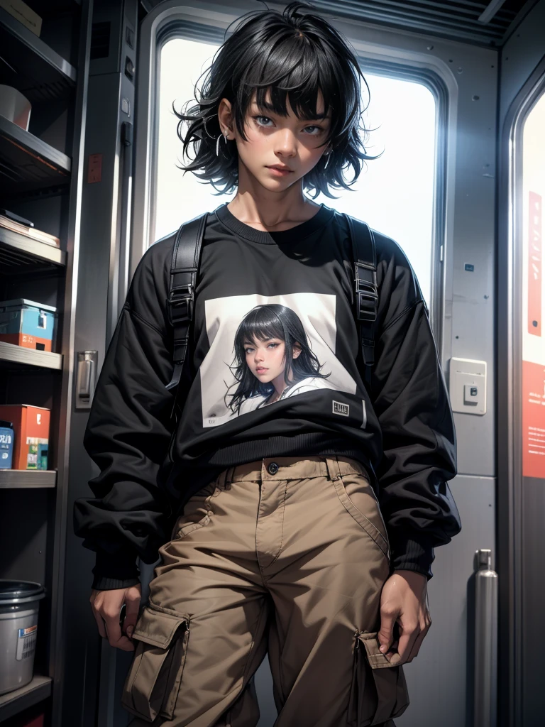 a photo of Liut Scuntf ,  he is a delicate 20-year-old boy,  tanned skin  ,  wavy black hair with bangs , piercings,  thick thighs , wearing a crepe sweatshirt, cargo pants, looking at the camera Solo,  High resolution,  masterpiece , Necessary,  best quality, tall details,  high quality ,  Super detail, Ultra HD,  Textured skin , 