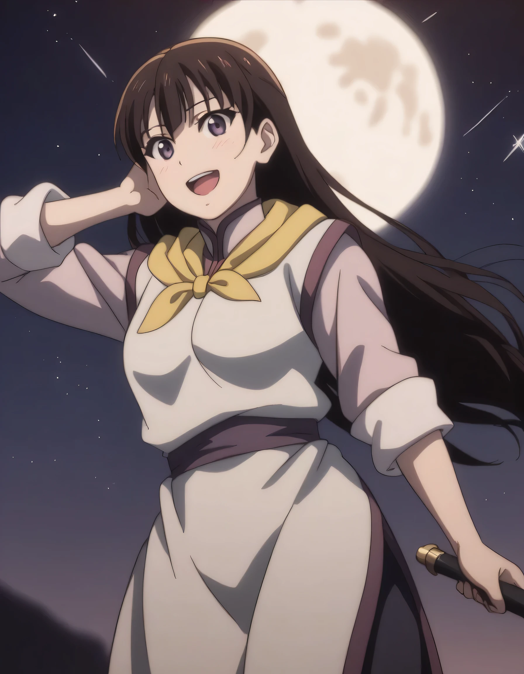 score_9, score_8_up, score_7_up, gsfghtr, multicolored robe, neckerchief, cinematic Lighting, 1girl,solo,looking at viewer,blush,smile, open mouth,moon, shooting stars, aurora view at pole