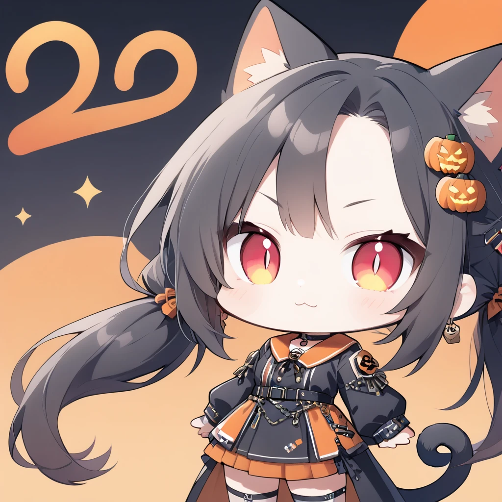 1girl,solo,Portrait of a girl in chibi style, (Chibi Style:1. 8),smugness,Teenage Girl,Red eye,(slit pupils),:3,Black Hair,parted bangs,Long Hair,Twin tails(Red Gradient),Cat ears and tail,Earrings,Hair Clip,halloween costume,Choker,Forest of Jack-O’-Lanterns,halloween
