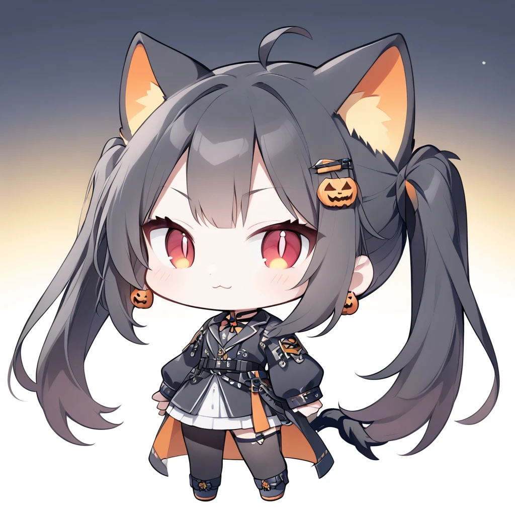 1girl,solo,Portrait of a girl in chibi style, (Chibi Style:1. 8),smugness,Teenage Girl,Red eye,(slit pupils),:3,Black Hair,parted bangs,Long Hair,Twin tails(Red Gradient),Cat ears and tail,Earrings,Hair Clip,halloween costume,Choker,Forest of Jack-O’-Lanterns,halloween
