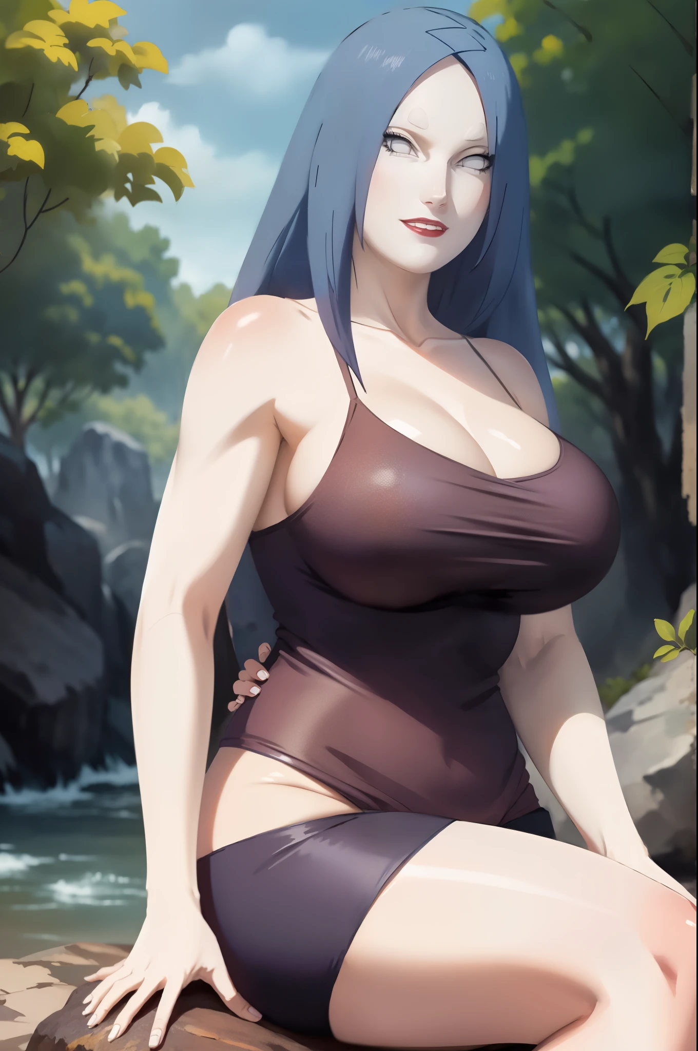 Mikoto Uchiha, oil painting, highly detailed, realistic, portrait, bright colors, soft lighting, (best quality, 4k,8k, height, masterpiece: 1.2), (big round breasts: 1.5), professional, long black hair, eyes black, beautiful detailed eyes and face, very detailed smile, long eyelashes, sitting on a rock, looking towards the viewer, very short top, big butt, bare shoulders, white shorts, outdoors, forest, cowboy shot, collarbone.