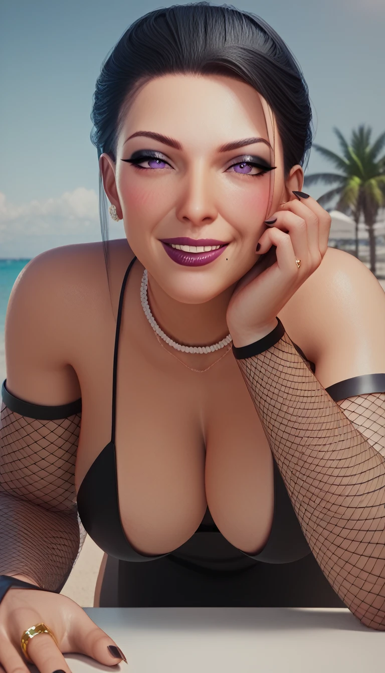 masterpiece, highest quality, highest resolution, distinct_image, detailed details) , 1 girl , solo , milf's , 40's , ( large breasts  and large hips ), (attractive body and attractive face and attractive expressions and attractive eyes and attractive lips )   , ( soft hair and soft skin  )  , one black mole on left mouth , soft lips , black eyeshadow ,  black makeup , purple eyes  ,  black hair , black lips , black fingernails , attractive women    ,  attractive girl , big bright eyes , gold ring , ring , blush , smiling , teasing facial expressions   , attractive long black dress , attractive black heels , attractive black fishnet sleeves arms , attractive transparent black gloves , cleavage  , on party , 