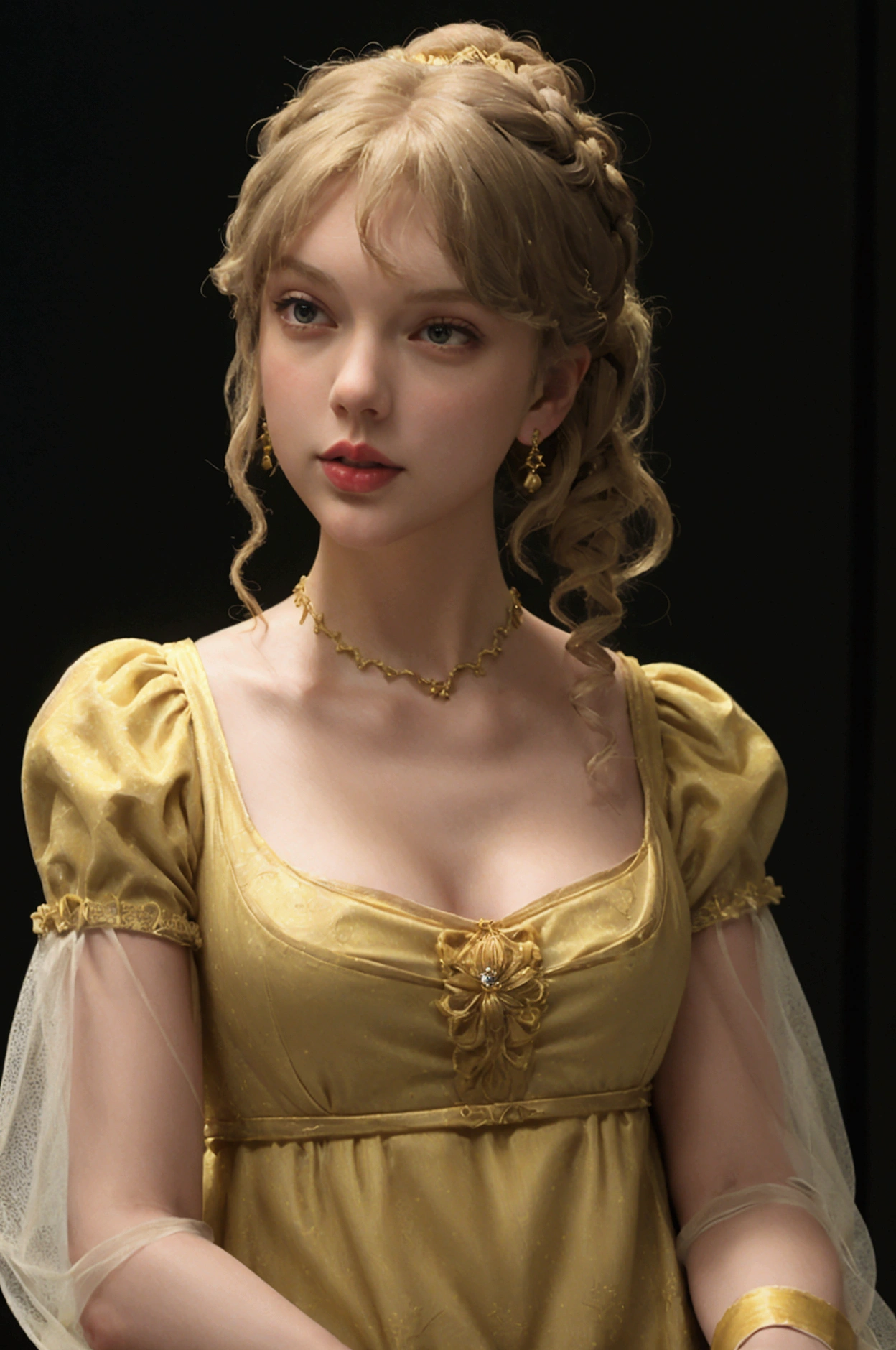  Taylor Swift as Rapunzel wearing a Regency style buttery yellow dress with a portrait neckline and billowing sleeves cuffed at the wrist. 