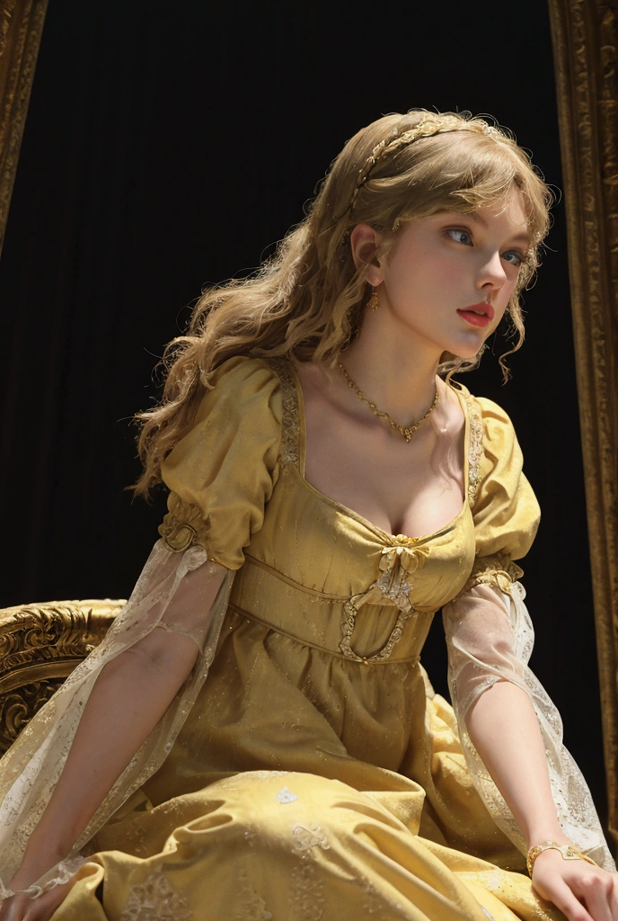  Taylor Swift as Rapunzel wearing a Regency style buttery yellow dress with a portrait neckline and billowing sleeves cuffed at the wrist. 