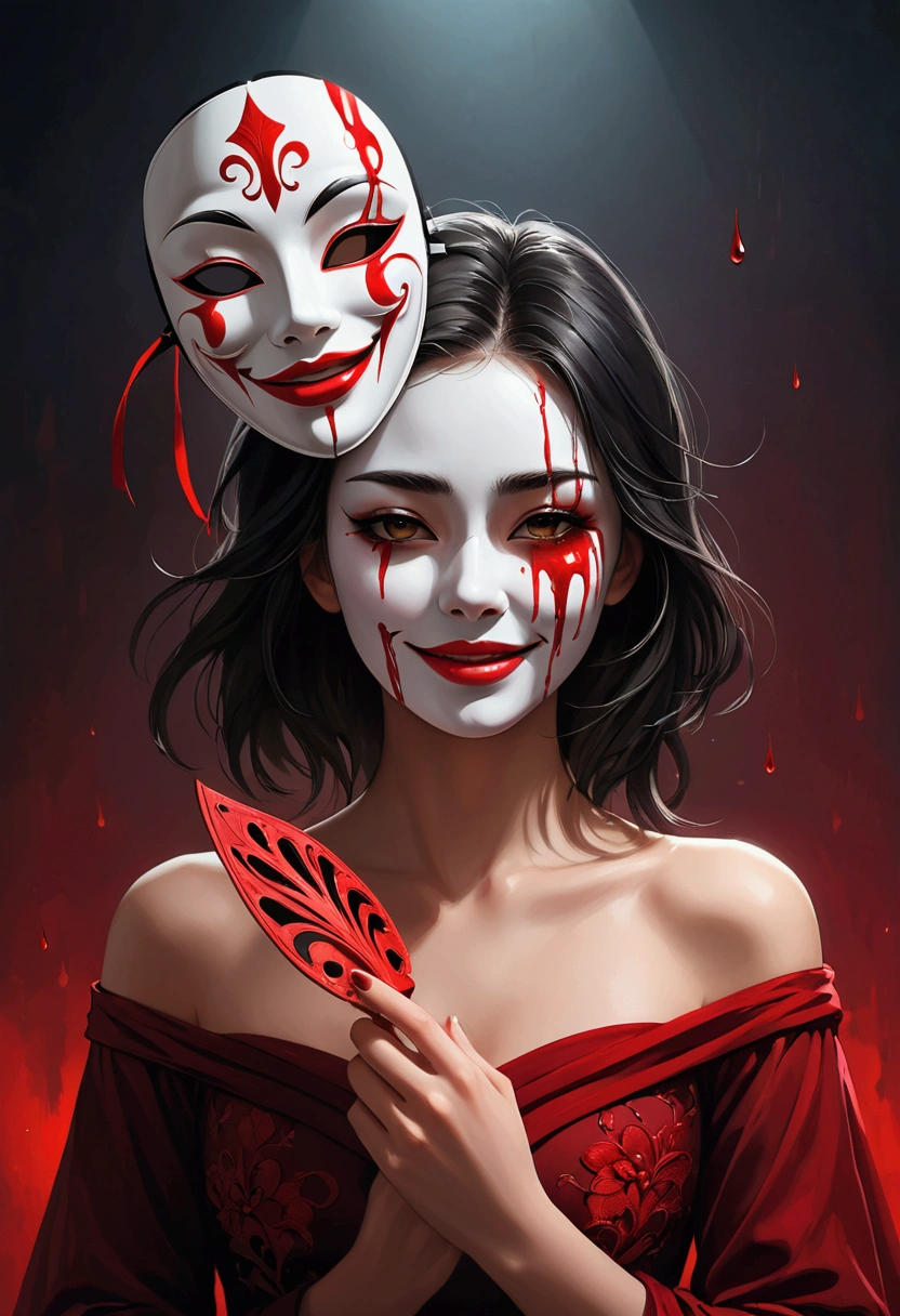 A woman with a face marked by burn scars, with deep red eyes that shine with a penetrating gaze. She wears an elegant red dress that contrasts with her pale skin., accentuating her stylized figure. Her long, dark hair falls in soft waves over her shoulders.. She is sitting in a luxurious velvet armchair, with a relaxed but dominant posture. In one hand, He holds a white porcelain mask that covers half of his face., leaving visible only his scars and a subtle evil smile on his lips. The scene has a style that combines elements of anime and comics., highlighting both the elegance and the darkness of the character.