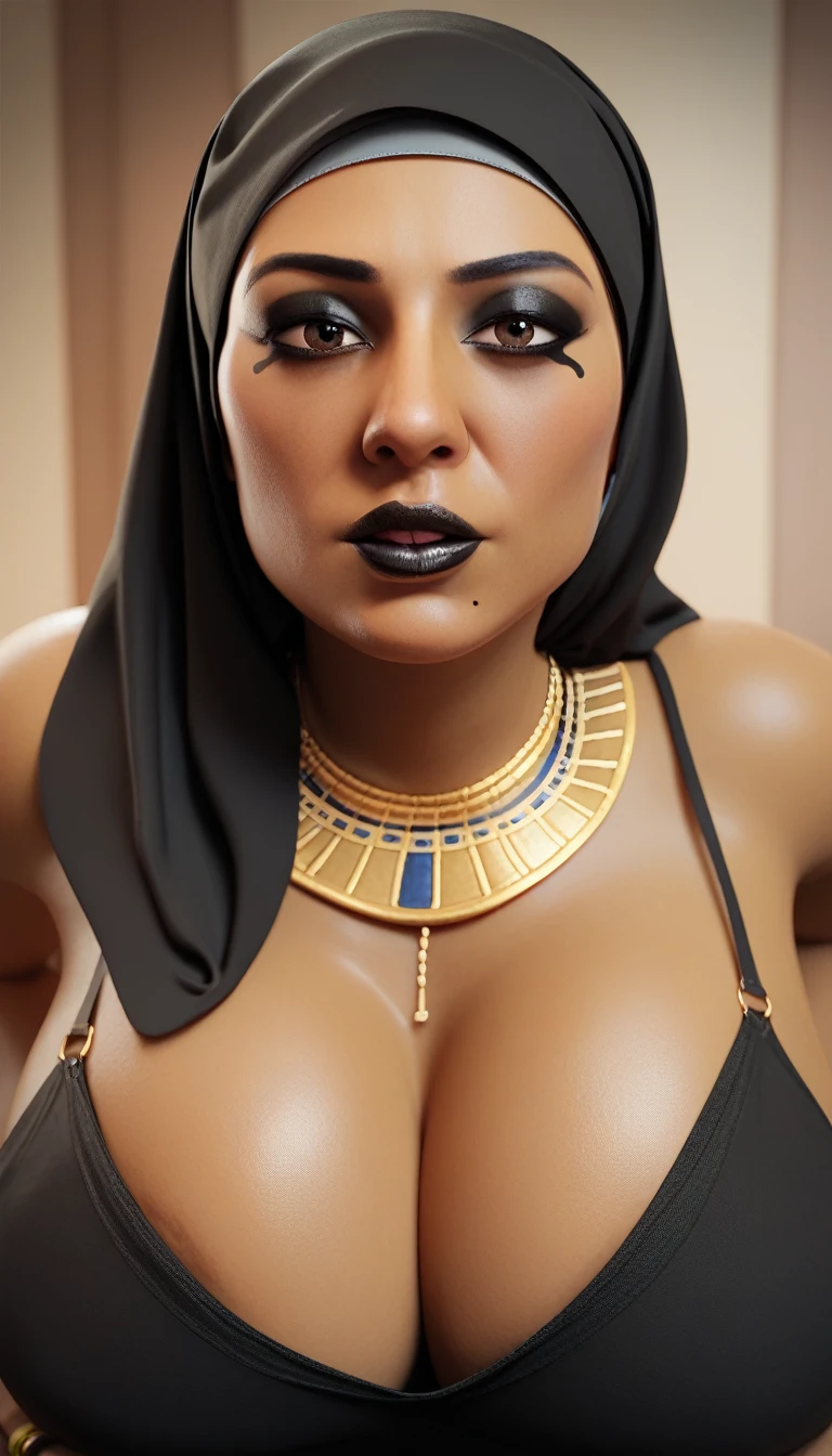 masterpiece, highest quality, highest resolution, distinct_image, detailed details) , 1 girl  , milf's , 40's , ( massive breasts  and massive hips ), (attractive body, attractive face and attractive expressions and attractive eyes and attractive lips and attractive wrinkles )   , ( soft hair and soft skin  )  , one black mole on left eye , soft lips , black eyeshadow ,  black makeup , Egyptian eyeliner , brown eyes  ,  black lips , black fingernails , attractive women    ,  attractive girl , big bright eyes    , gold ring , ring   , on house   , Egyptian woman  , attractive black hijab , hijab  , attractive black heels , attractive black jeans  , BBC tattoos  ,  blacked skinned ,  pov  , looking at the viewer ,  disgusting and disappointed facial expressions  , 