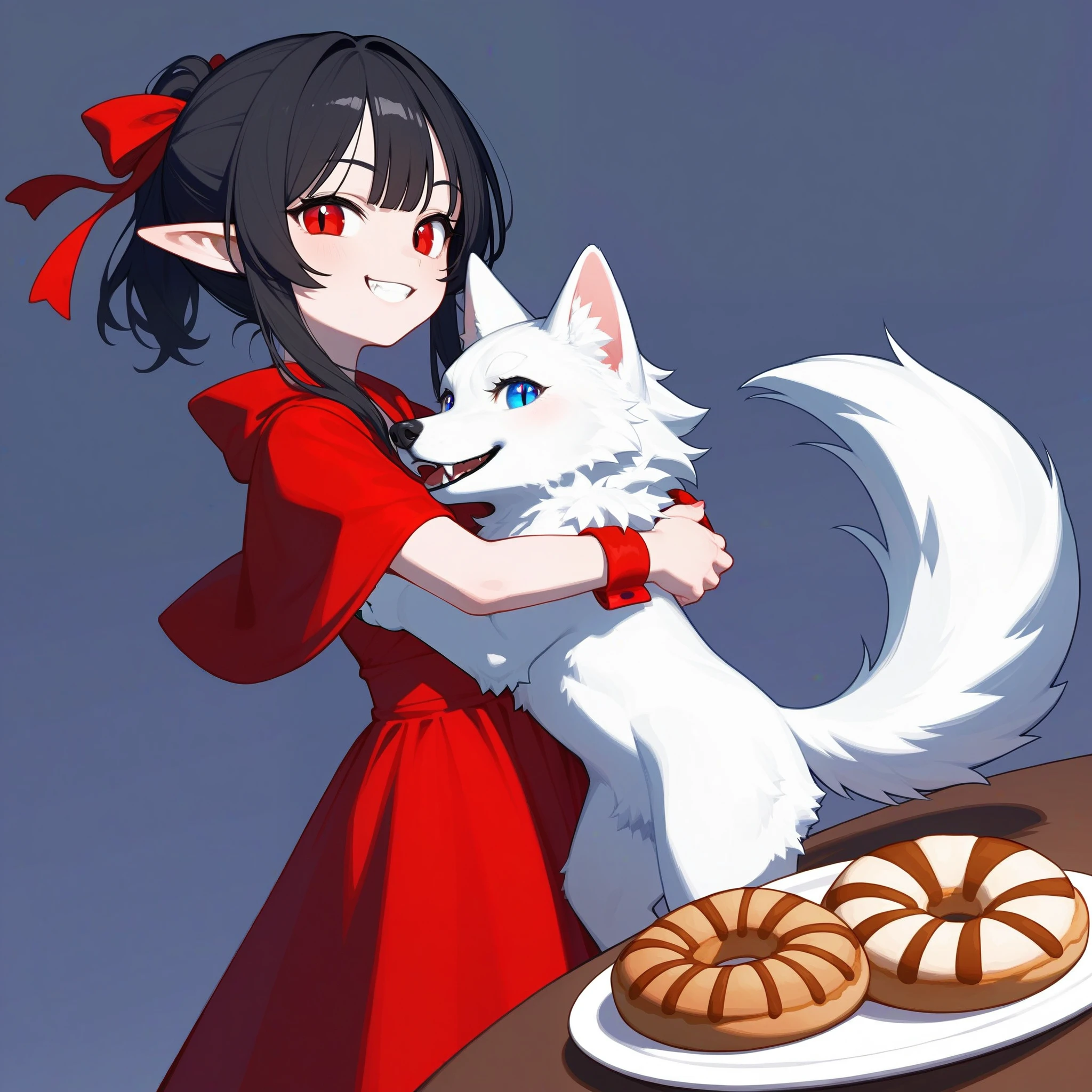 (masterpiece, best quality:1.2), super detailed, 2D artwork, chibi, kawaii, cute, 1girl and white wolf, BREAK, 1girl, (vampire fang), smirk, black hair, short ponytail with red ribbons, red eyes, beautiful eyes, (snake pupils), pointy ears, black sundress with red cloak, high leather boots, standing pose, simple background, bakery background, indoor, at night, HD, 4K, BREAK, 1wolf, white fur, blue eyes, BREAK, 1girl and white wolf, (hugging a wolf:1.2)