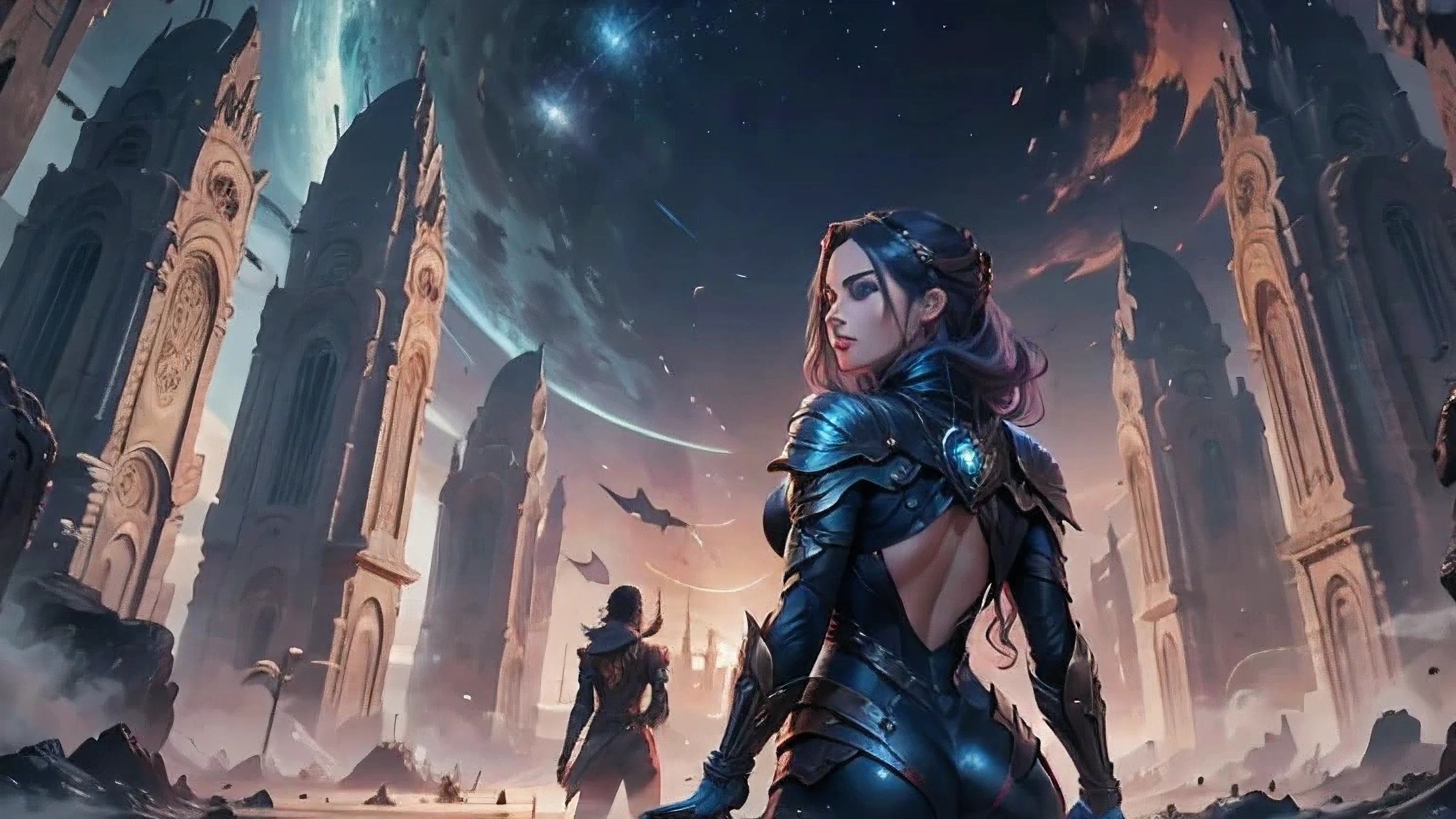 A fraternal image of a woman in the science fiction scene, Android Jones and Chris Dyer, Sofia Vergara portrait, Square Enix Cinematic Art, Promotional images for the film, shot on IMAX, Muspelheim, The protagonist in the foreground, Paul Atreides, IMAX render,  Evil Witch , Elora, IMAX  