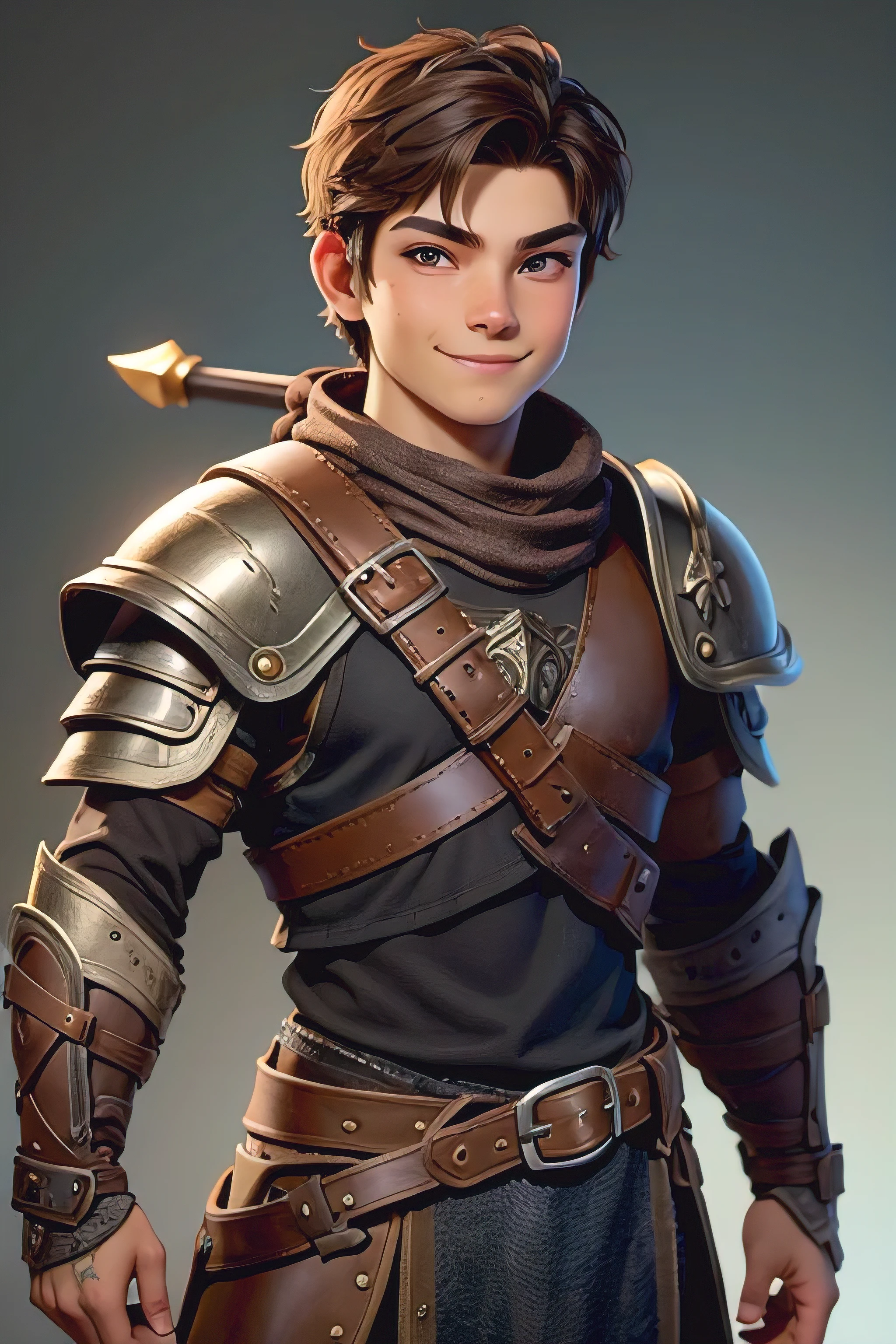 viking, boy warrior with short brown hair and brown eyes in leather armor. No background. Smile.