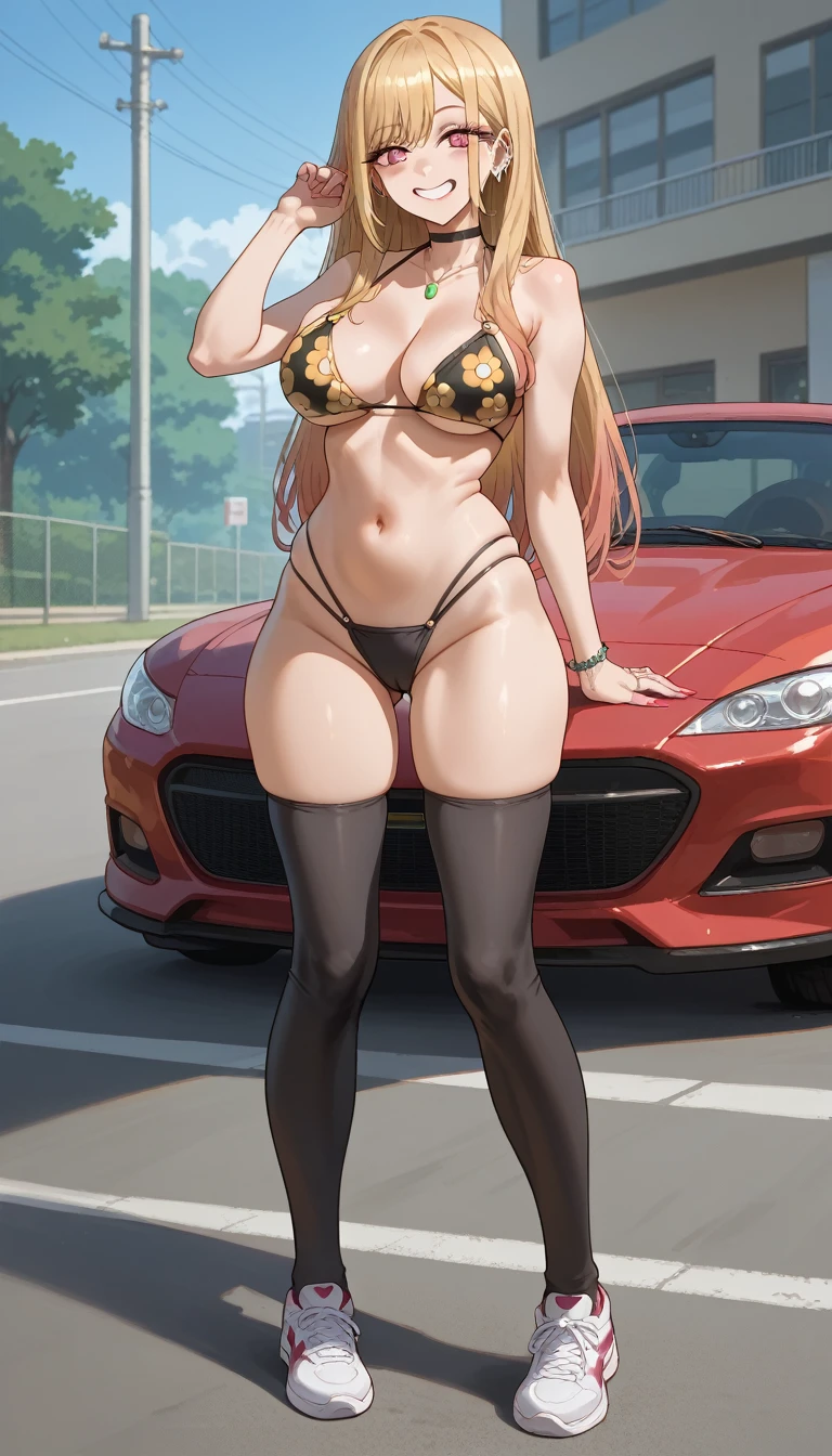 ultra-detailed, 1girl, kitagawa marin, sono bisque doll wa koi wo suru, ((masterpiece)), (best quality), (highres), 16K, perfect face, magenta eyes, multicolored hair, blonde hair, long hair, wearing black bikini, black thighhighs, sports shoes, busty body, large breasts and a beautiful ass, showcasing cleavage, legs, hips, looking at viewer, smile, detailed hair, detailed full body, thigh details, sports car background